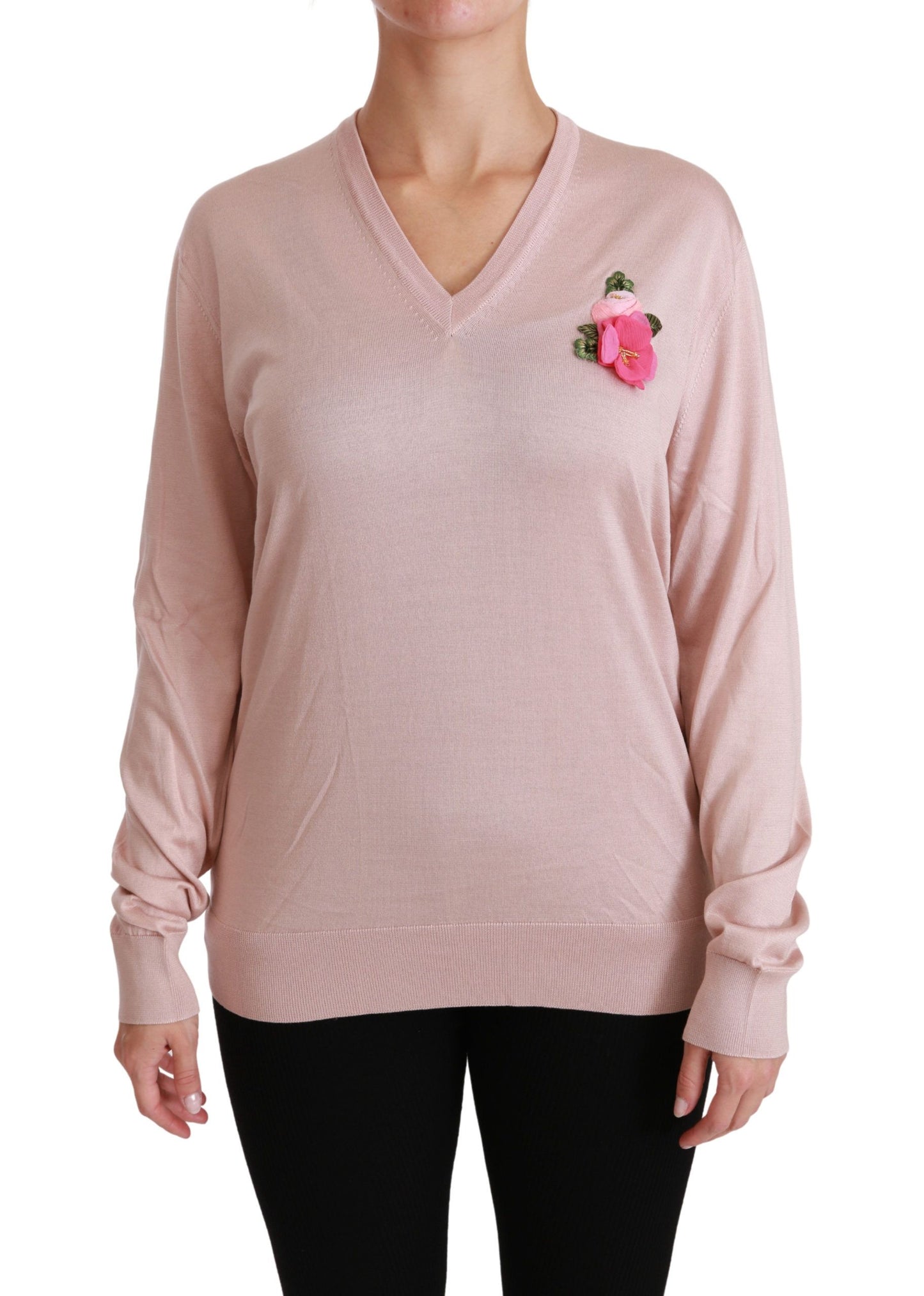 - Pink Floral Silk V-Neck Sweater