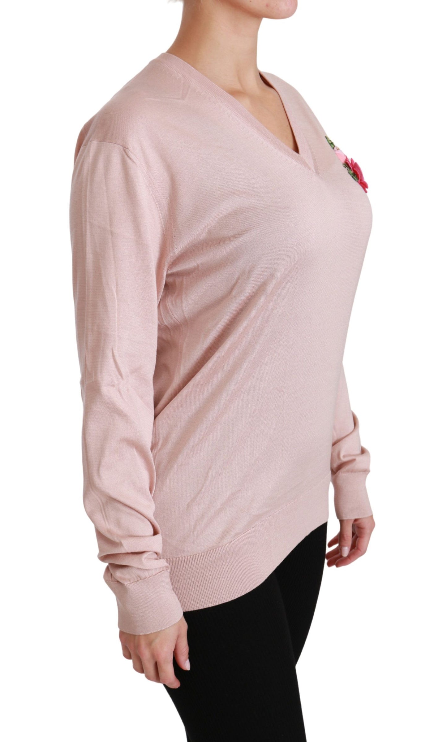 - Pink Floral Silk V-Neck Sweater