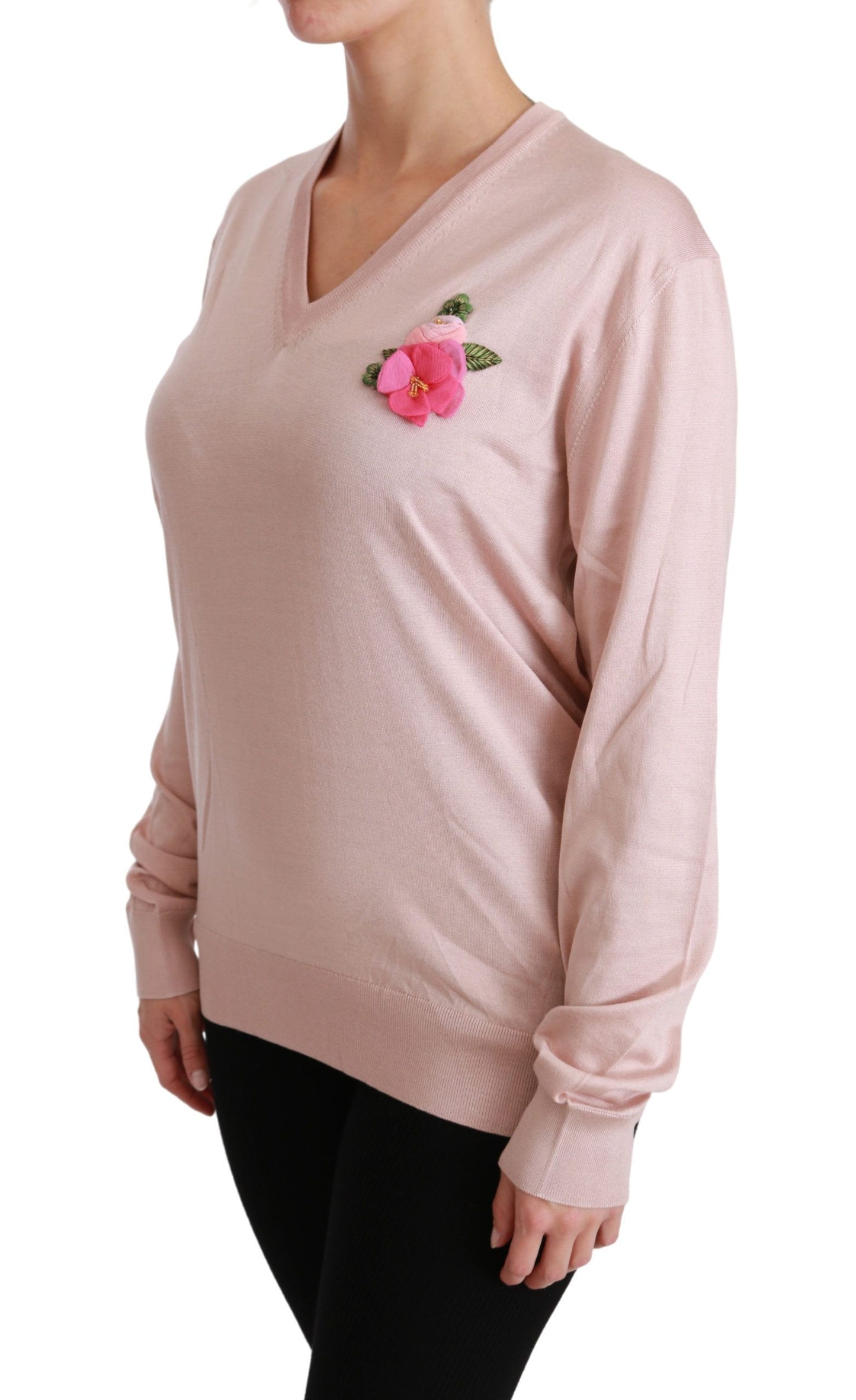 - Pink Floral Silk V-Neck Sweater