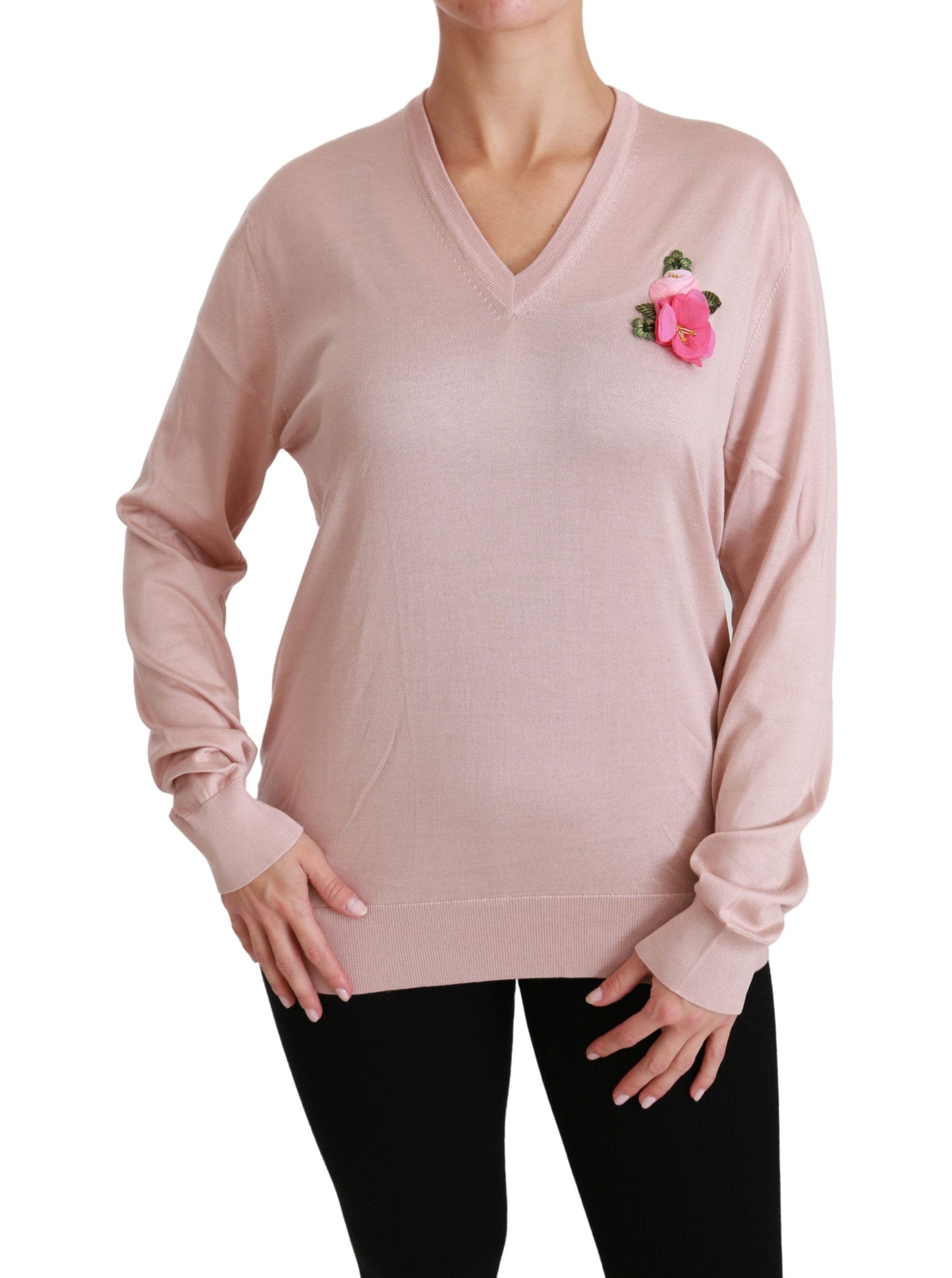 - Pink Floral Silk V-Neck Sweater