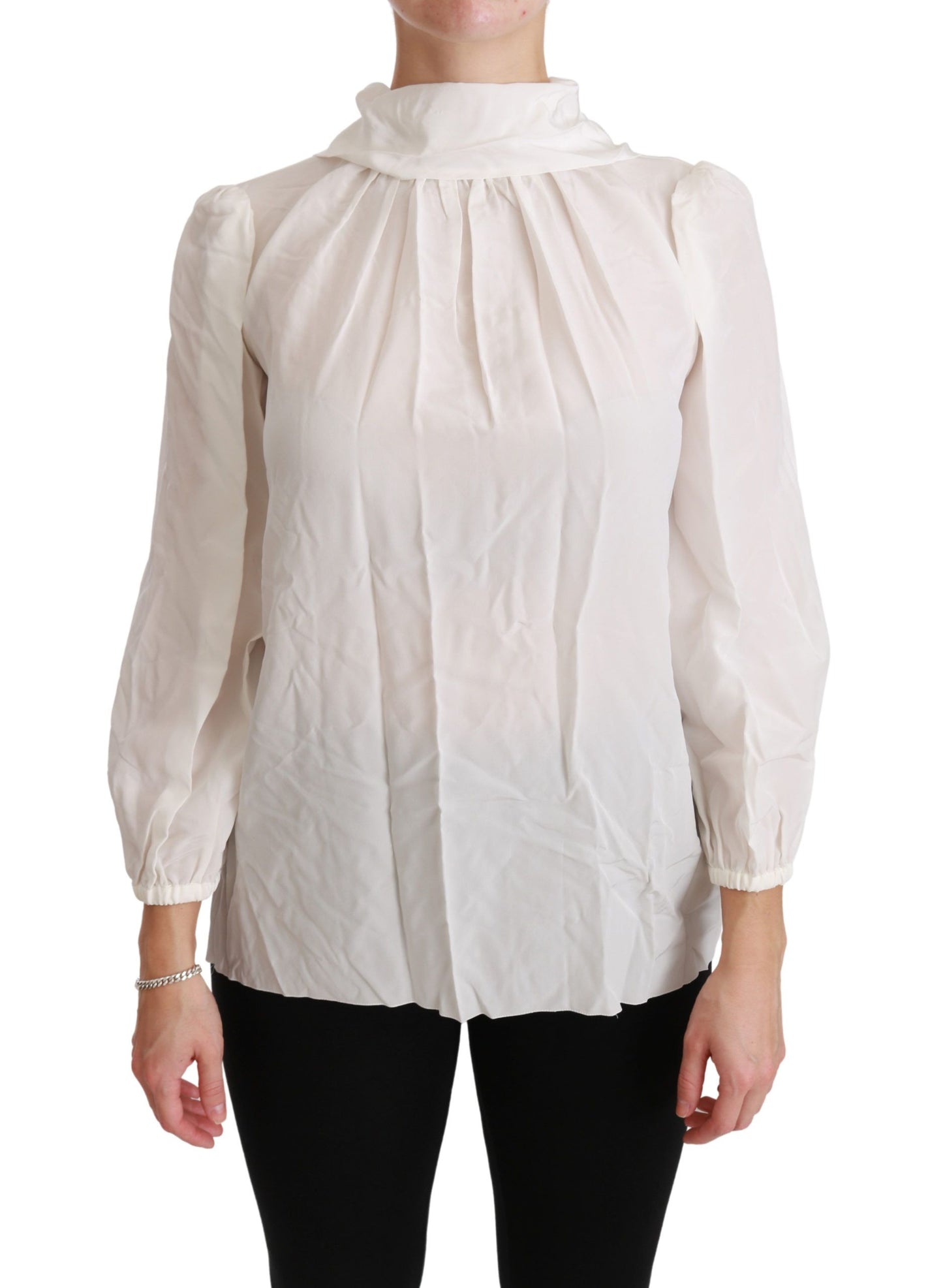 - Elegant White Silk Turtle Neck Blouse