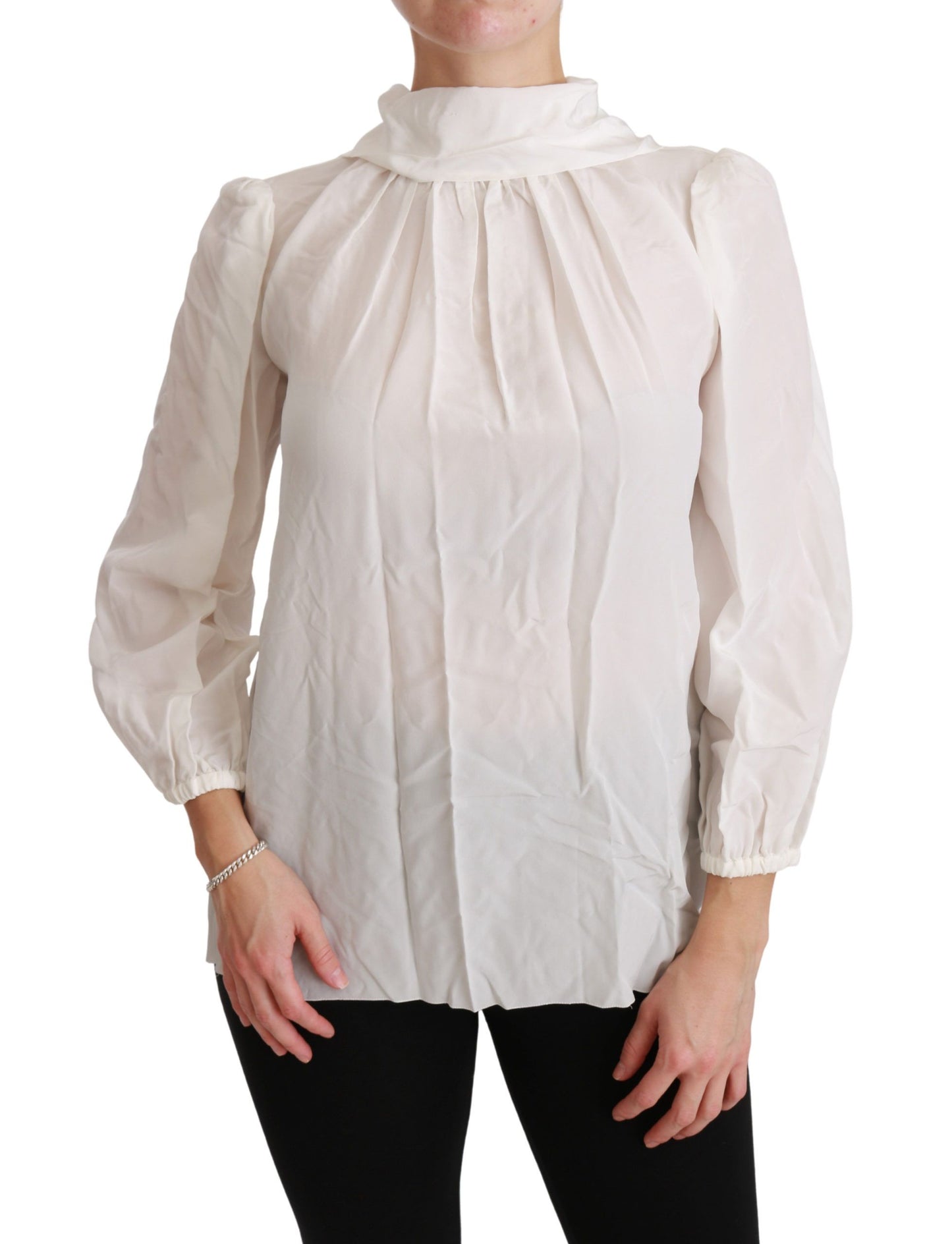 - Elegant White Silk Turtle Neck Blouse