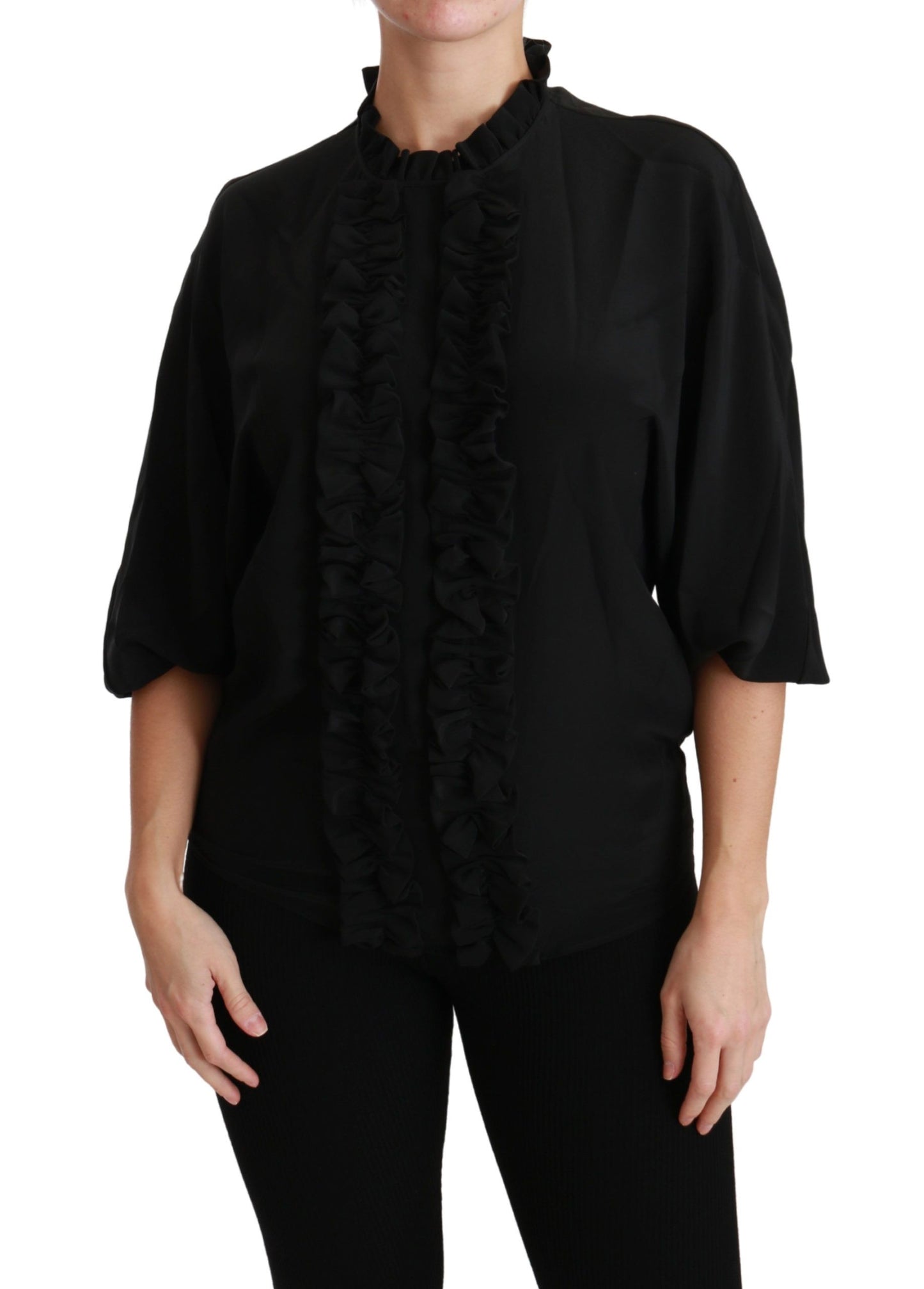 - Elegant Black Silk Short Sleeve Blouse