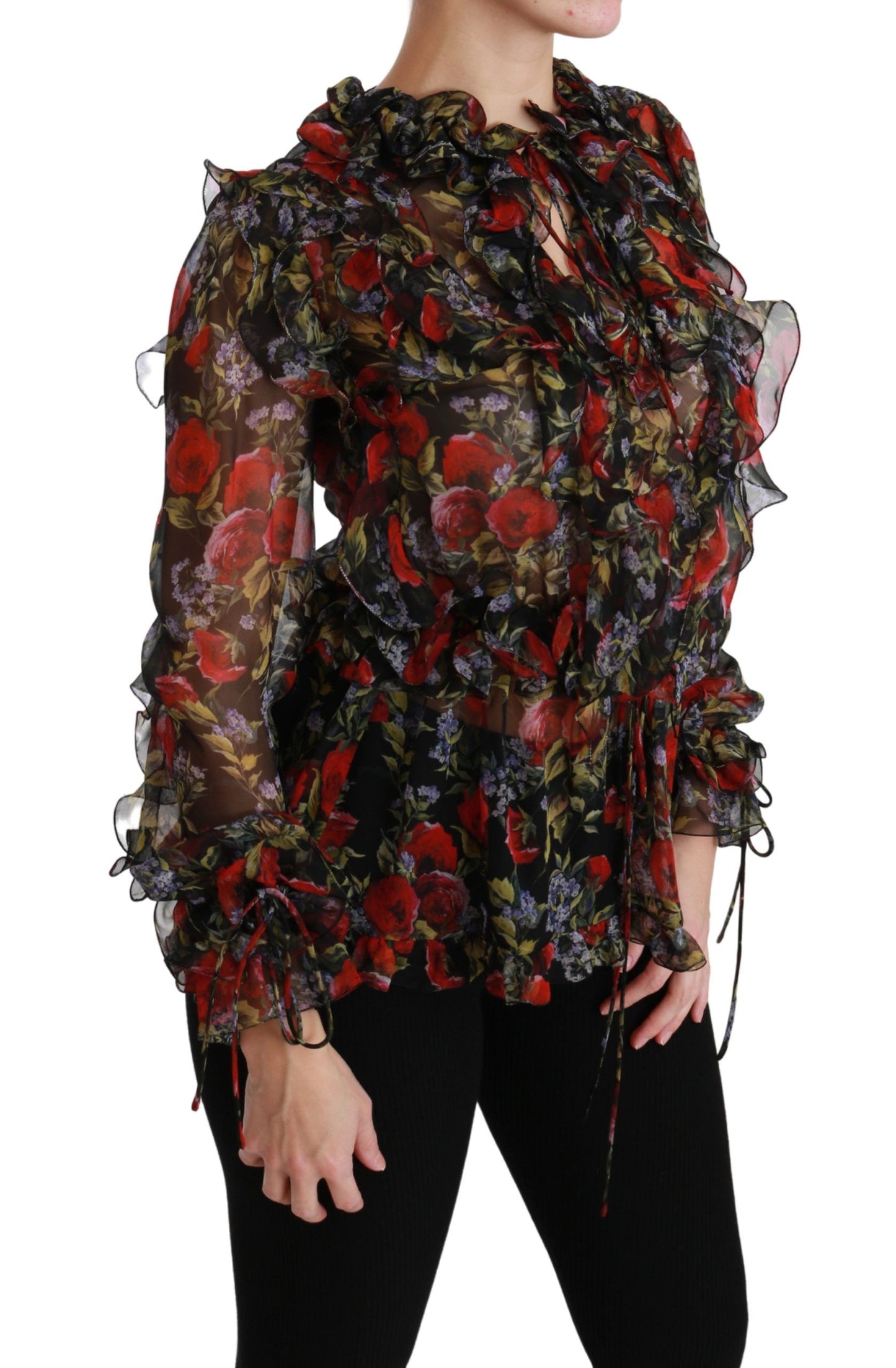 - Elegant Floral Silk Long Sleeve Blouse