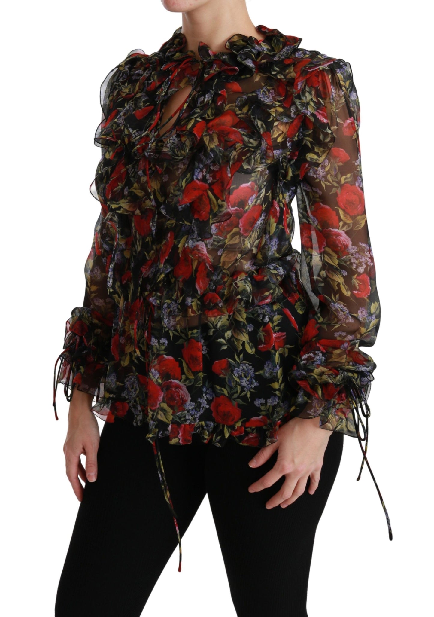 - Elegant Floral Silk Long Sleeve Blouse