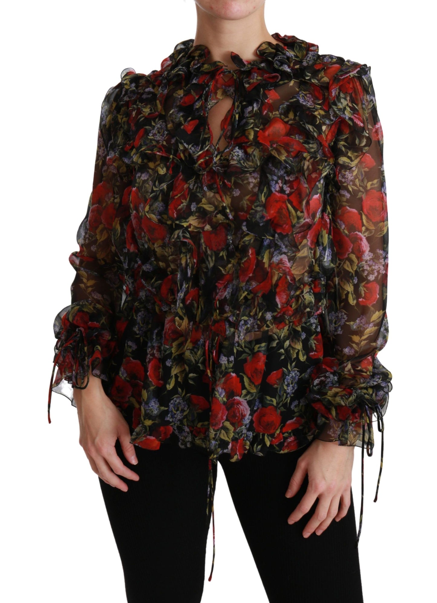 - Elegant Floral Silk Long Sleeve Blouse