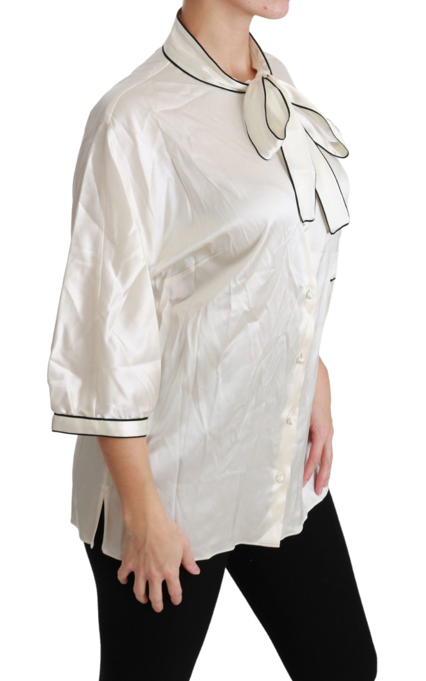 - Elegant Beige Silk Blouse with Bow Scarf