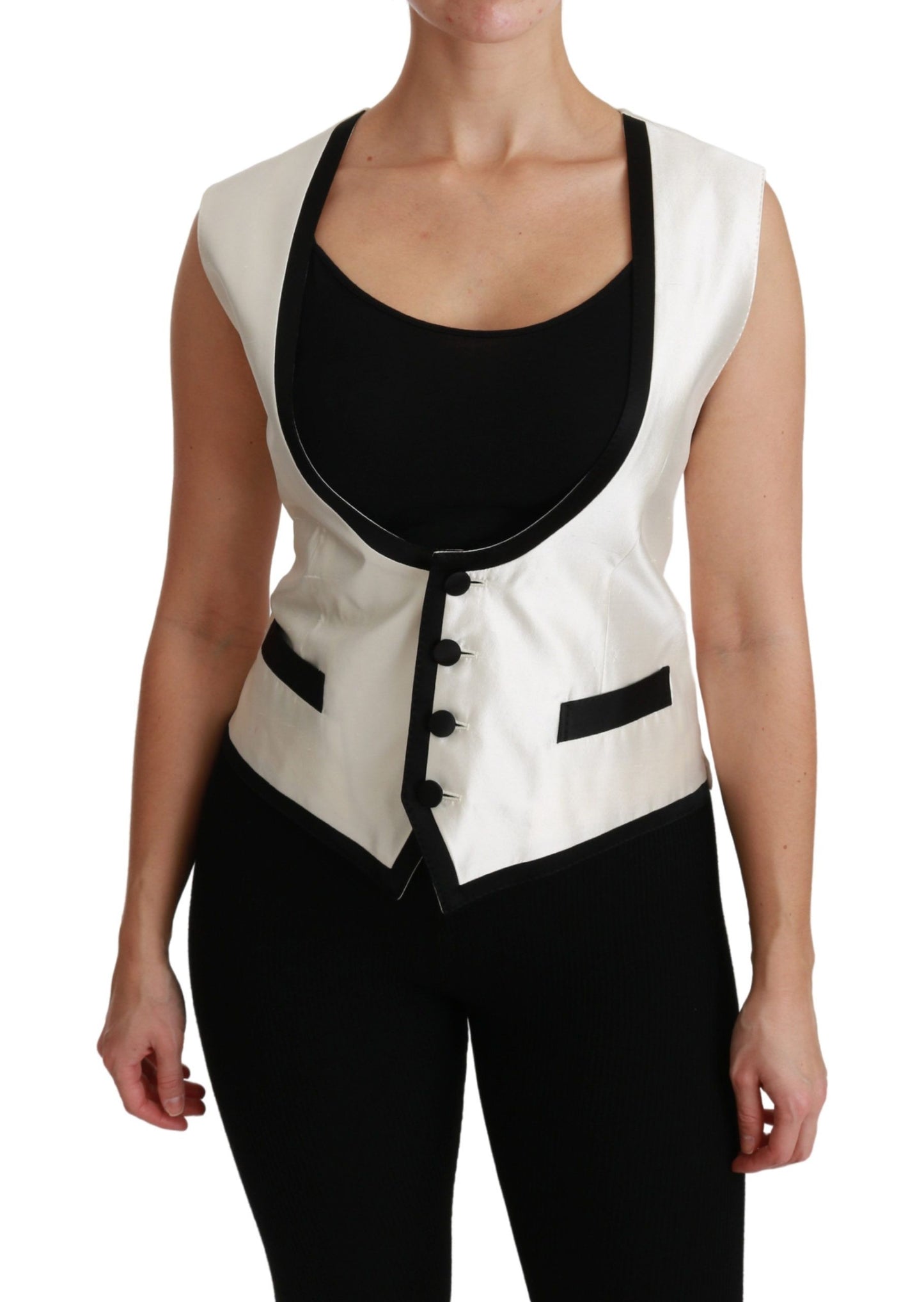 - Elegant Silk Sleeveless Vest in Black & White