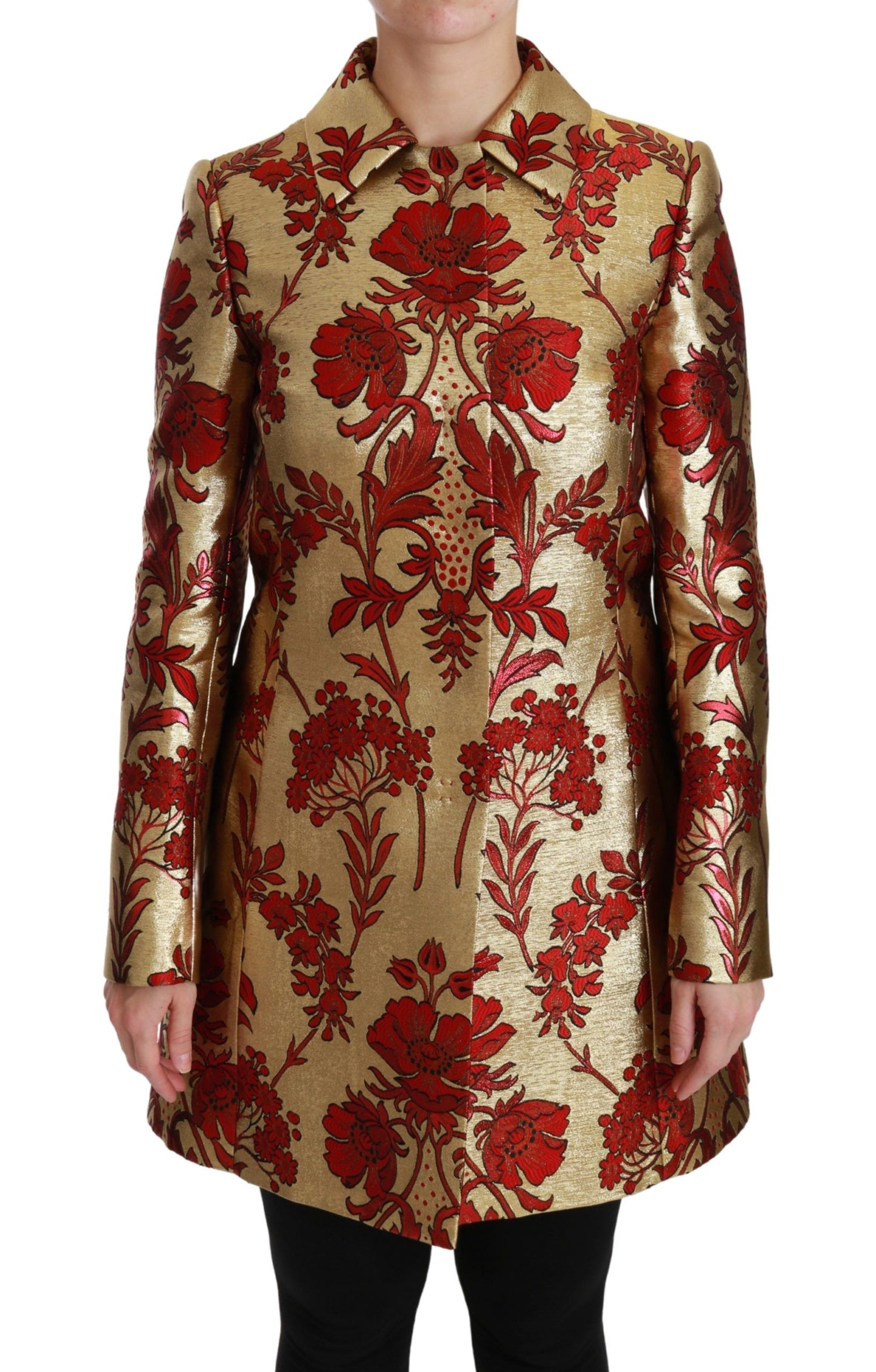 - Elegant Gold Floral Brocade Trench Coat