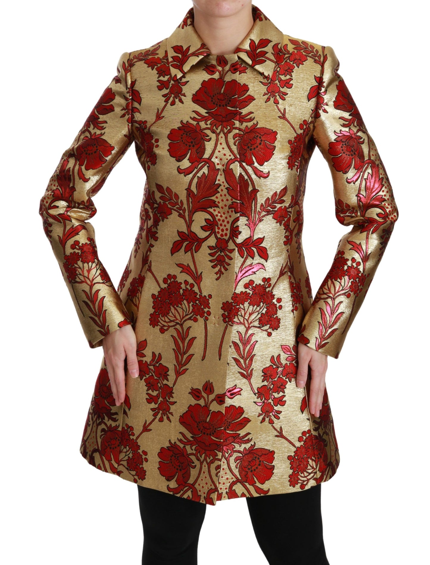 - Elegant Gold Floral Brocade Trench Coat
