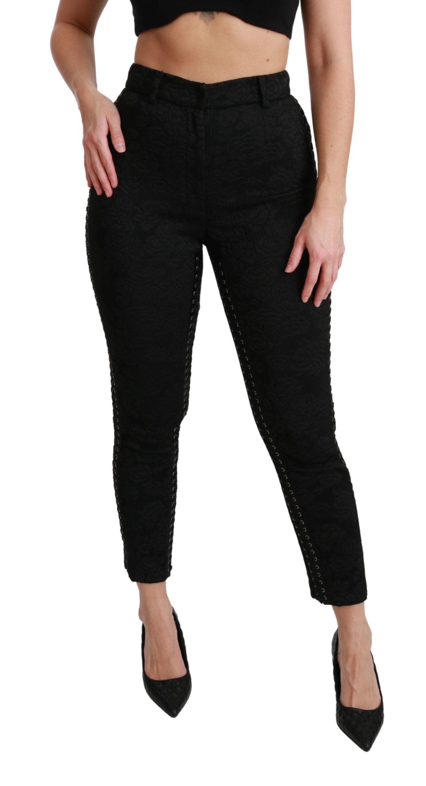 - Elegant High Waist Skinny Black Brocade Pants