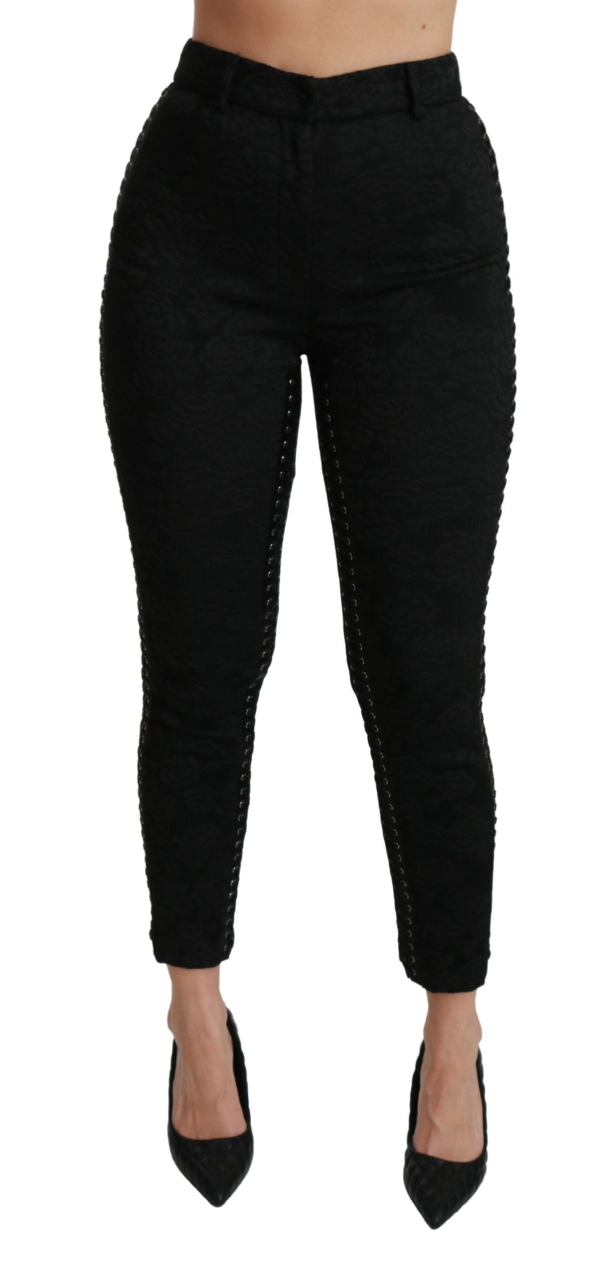 - Elegant High Waist Skinny Black Brocade Pants