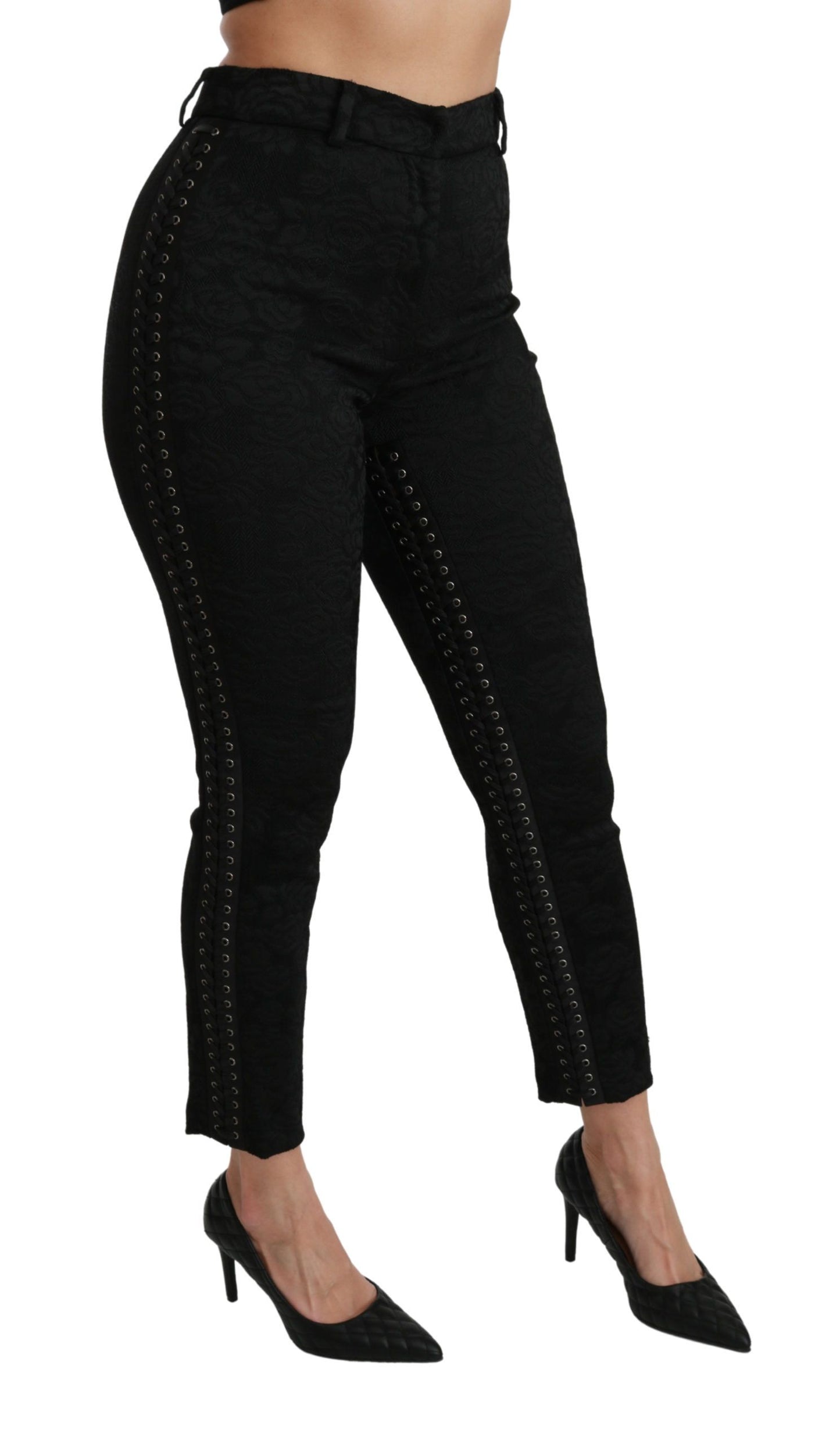 - Elegant High Waist Skinny Black Brocade Pants