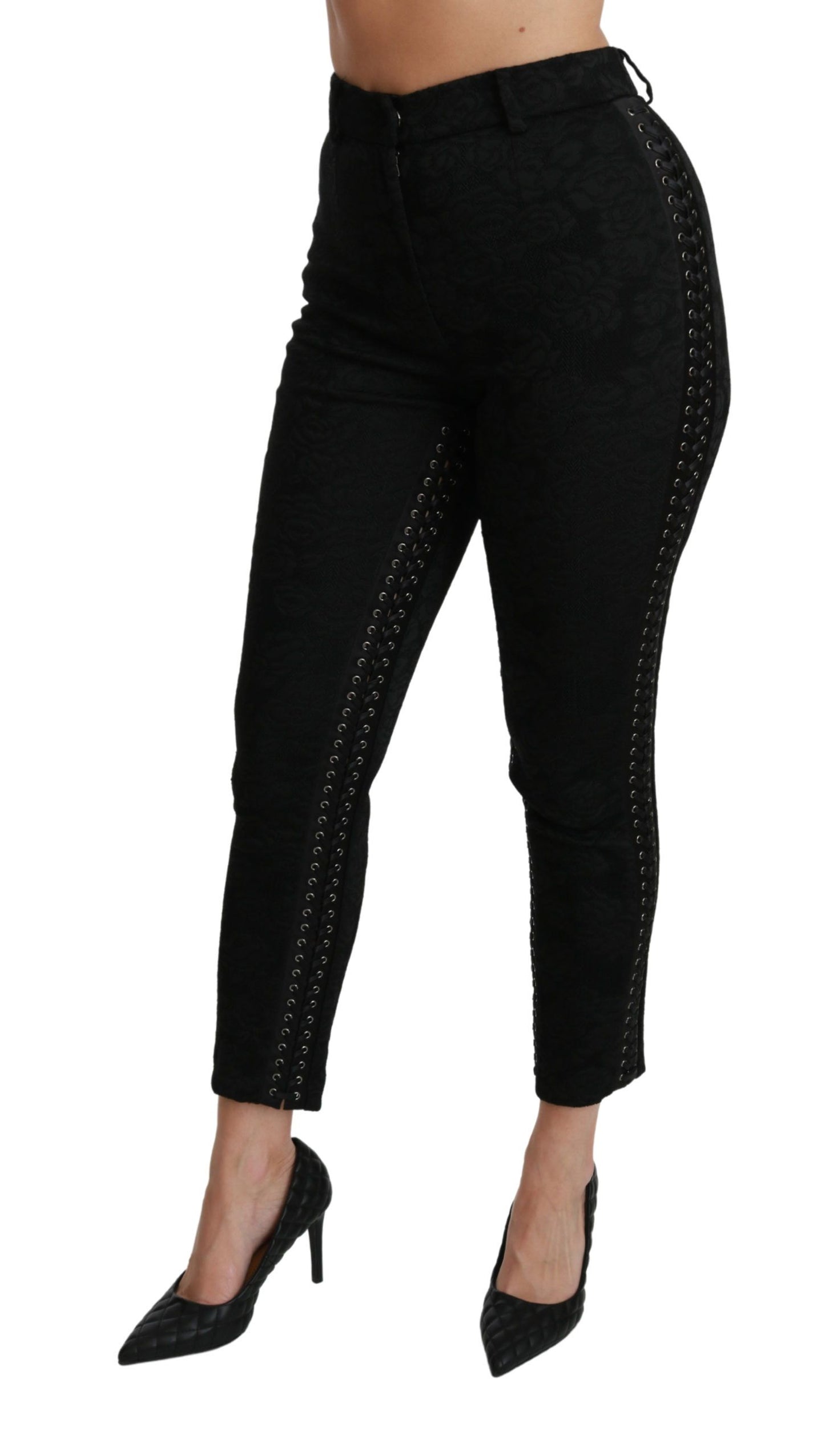 - Elegant High Waist Skinny Black Brocade Pants