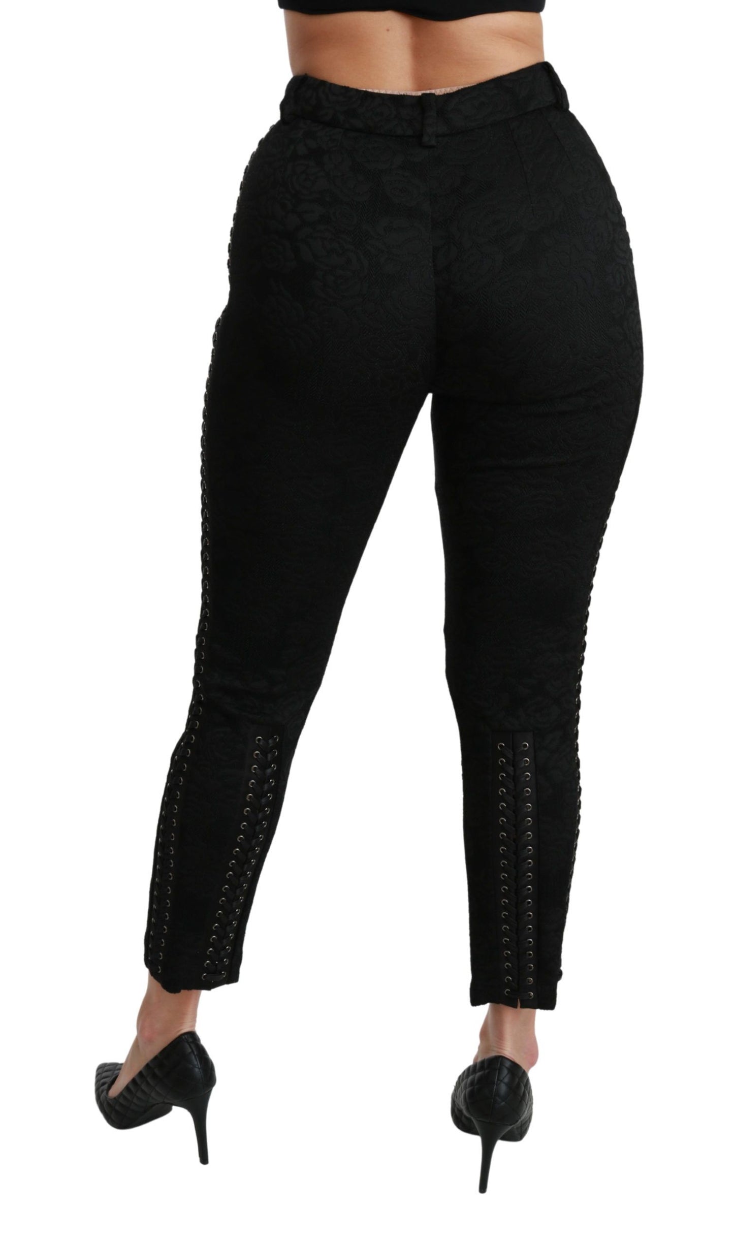 - Elegant High Waist Skinny Black Brocade Pants