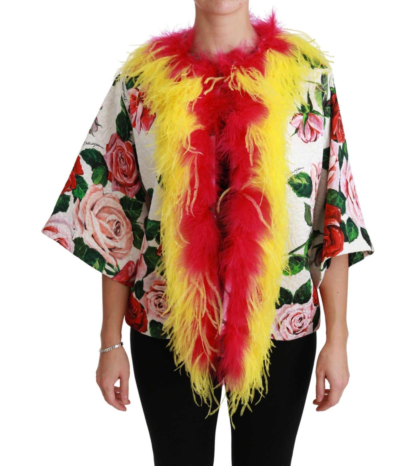 - Elegant Floral Cape Jacket with Fur Details
