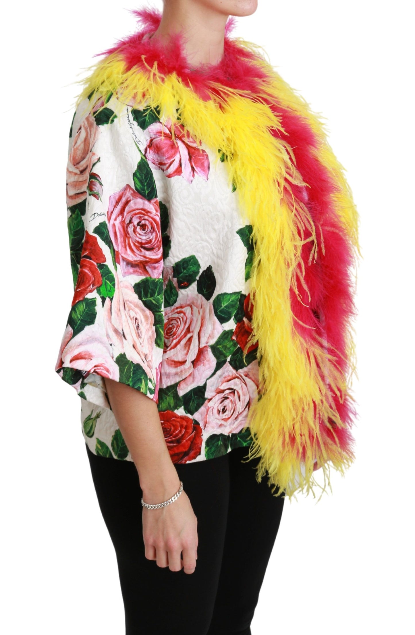 - Elegant Floral Cape Jacket with Fur Details