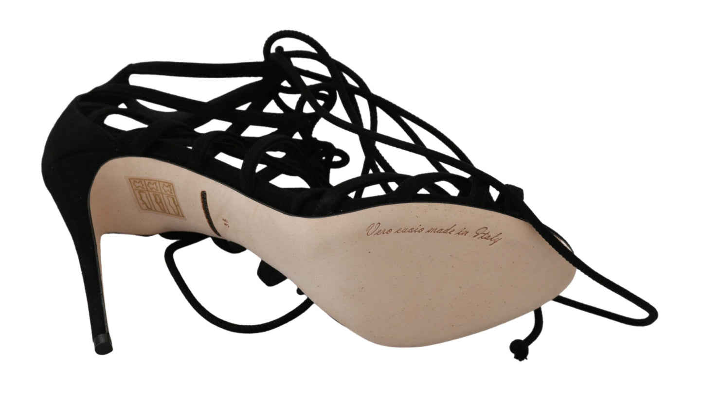 - Elegant Black Suede Stiletto Ankle Strap Sandals