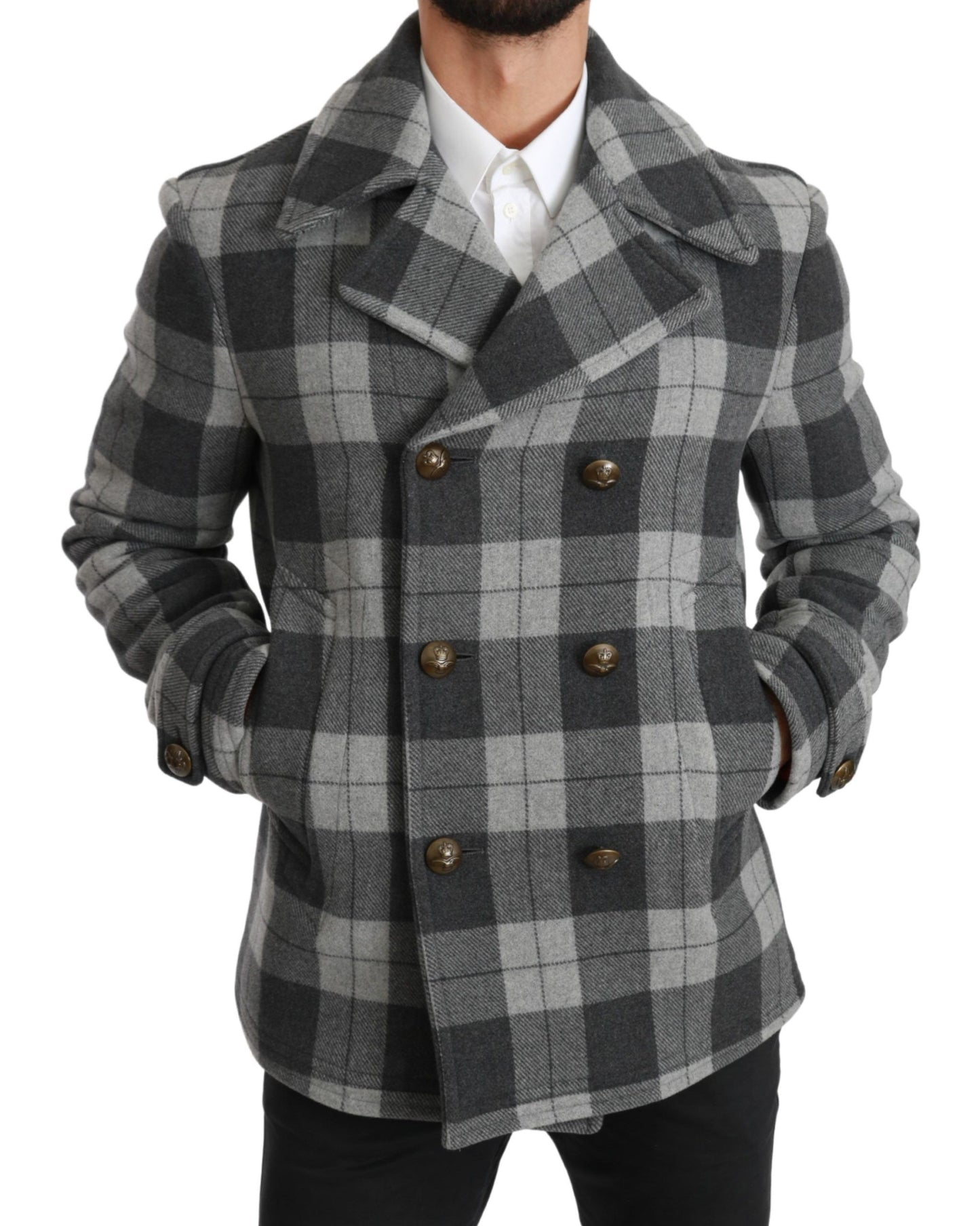 - Elegant Gray Check Double Breasted Coat