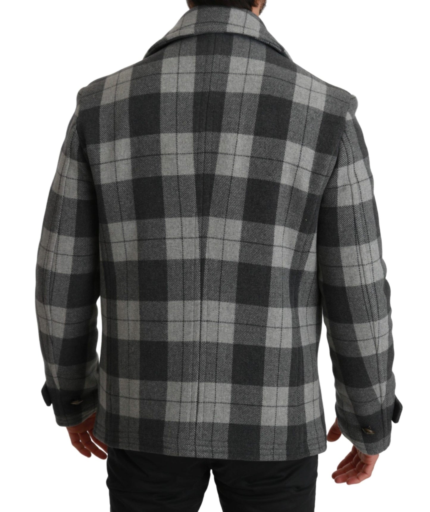 - Elegant Gray Check Double Breasted Coat