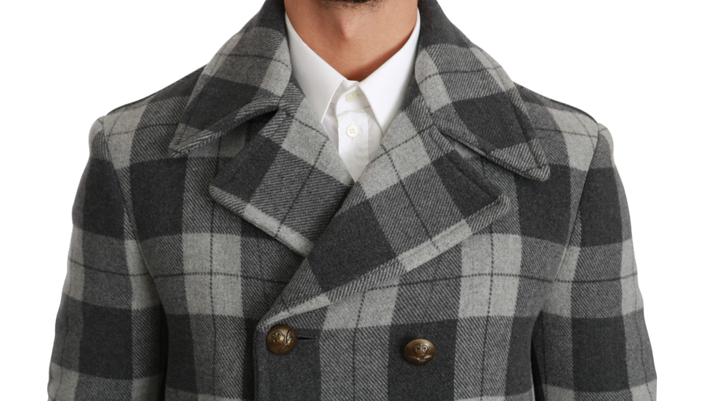 - Elegant Gray Check Double Breasted Coat
