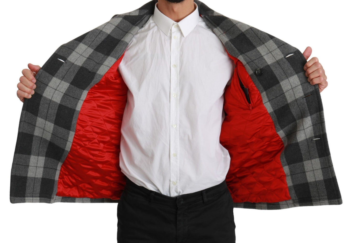 - Elegant Gray Check Double Breasted Coat