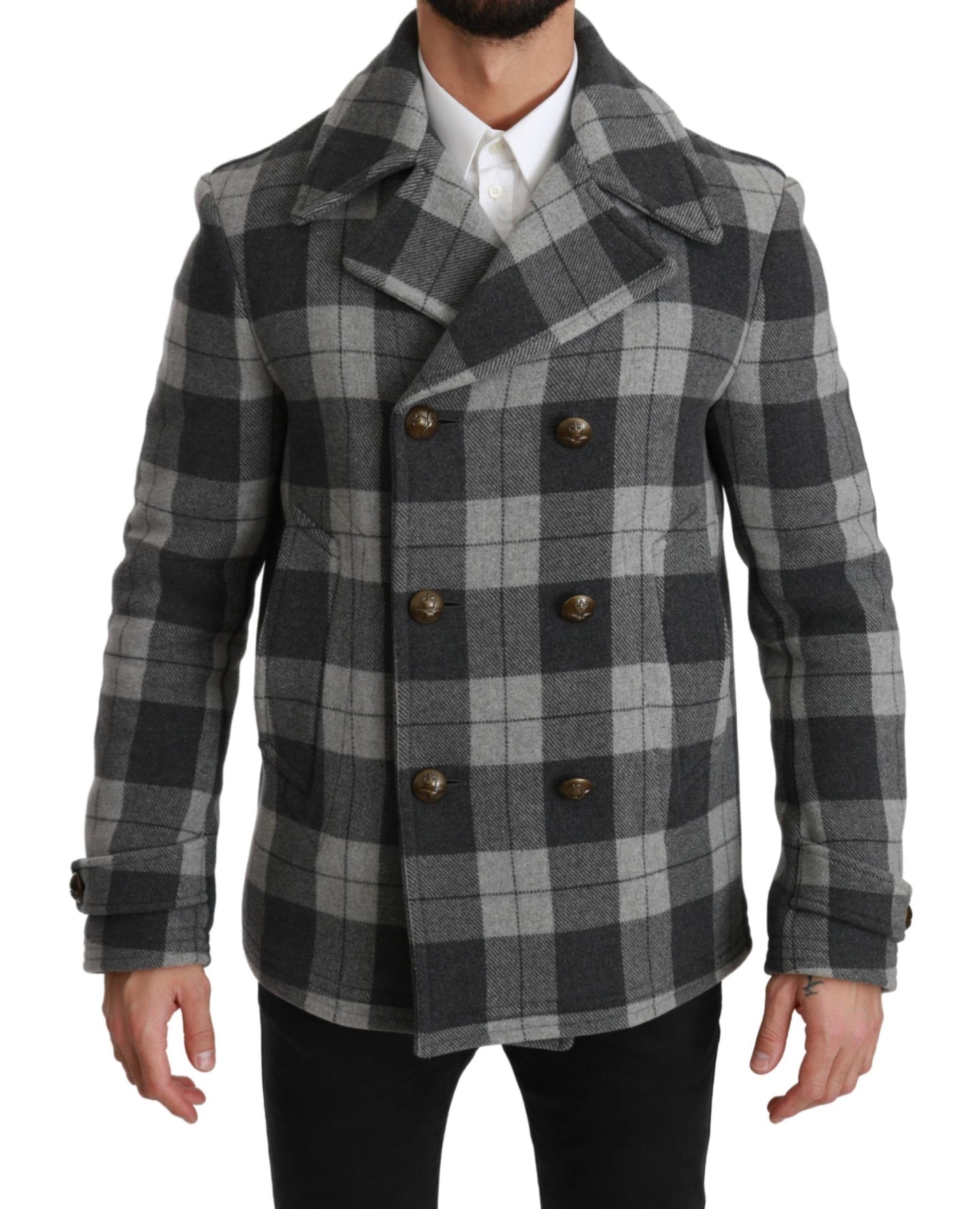 - Elegant Gray Check Double Breasted Coat