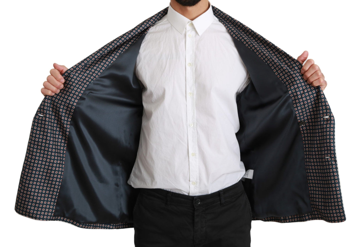 - Elegant Navy Silk Double Breasted Coat