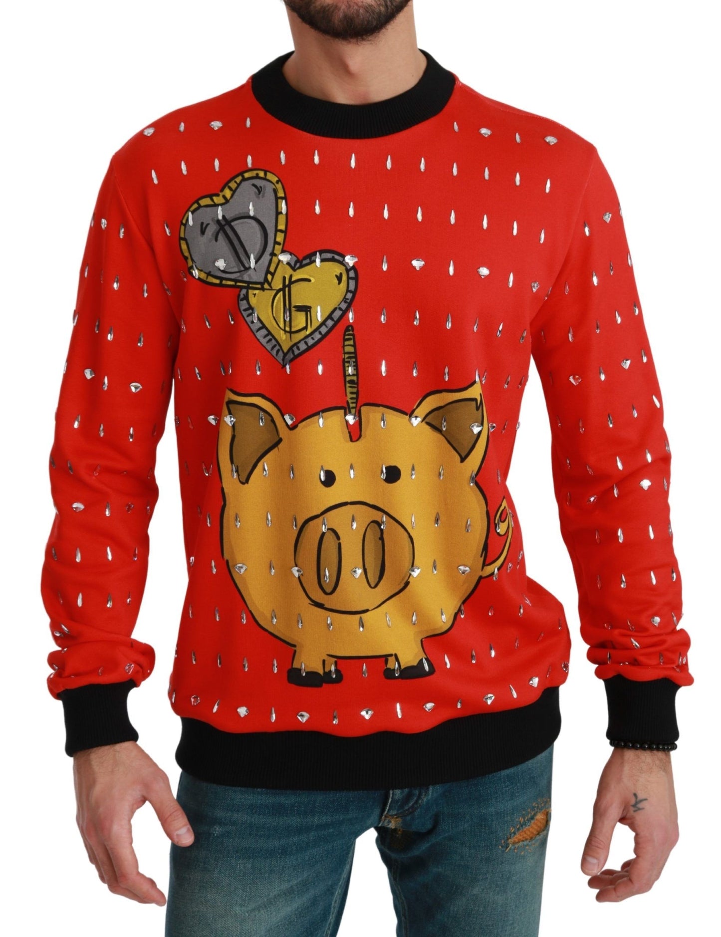 - Elegant Red Crystal-Embellished Pullover Sweater
