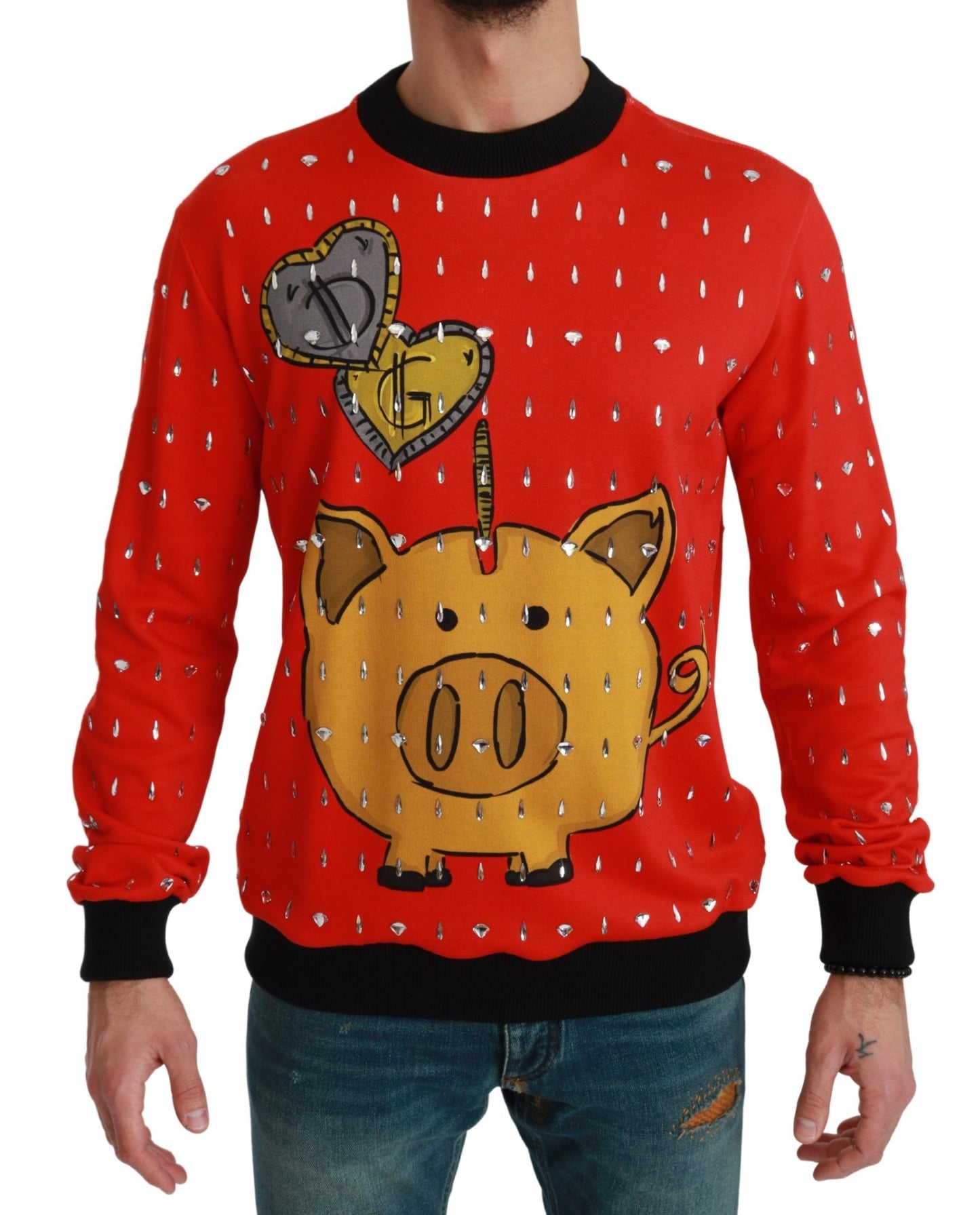 - Elegant Red Crystal-Embellished Pullover Sweater
