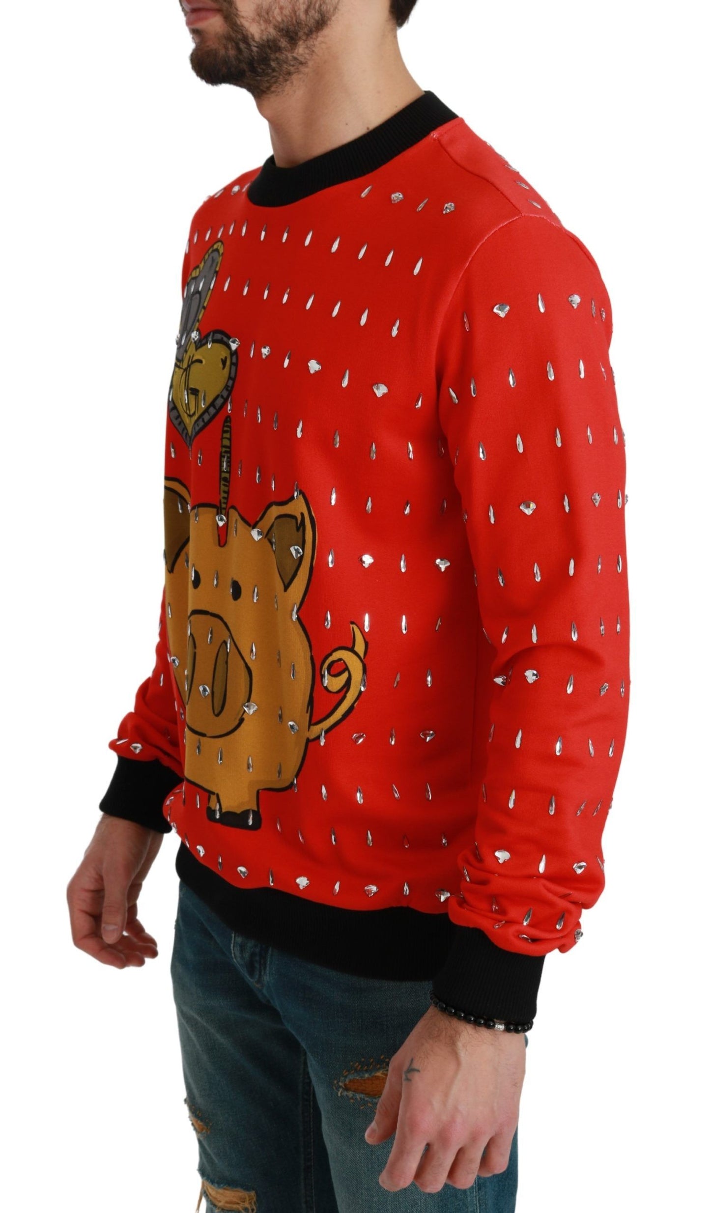 - Elegant Red Crystal-Embellished Pullover Sweater