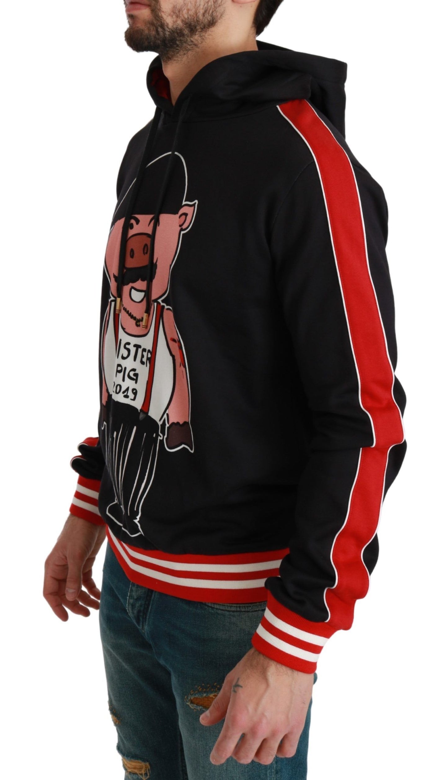 - Elegant Black Hooded Sweater with Multicolor Motif
