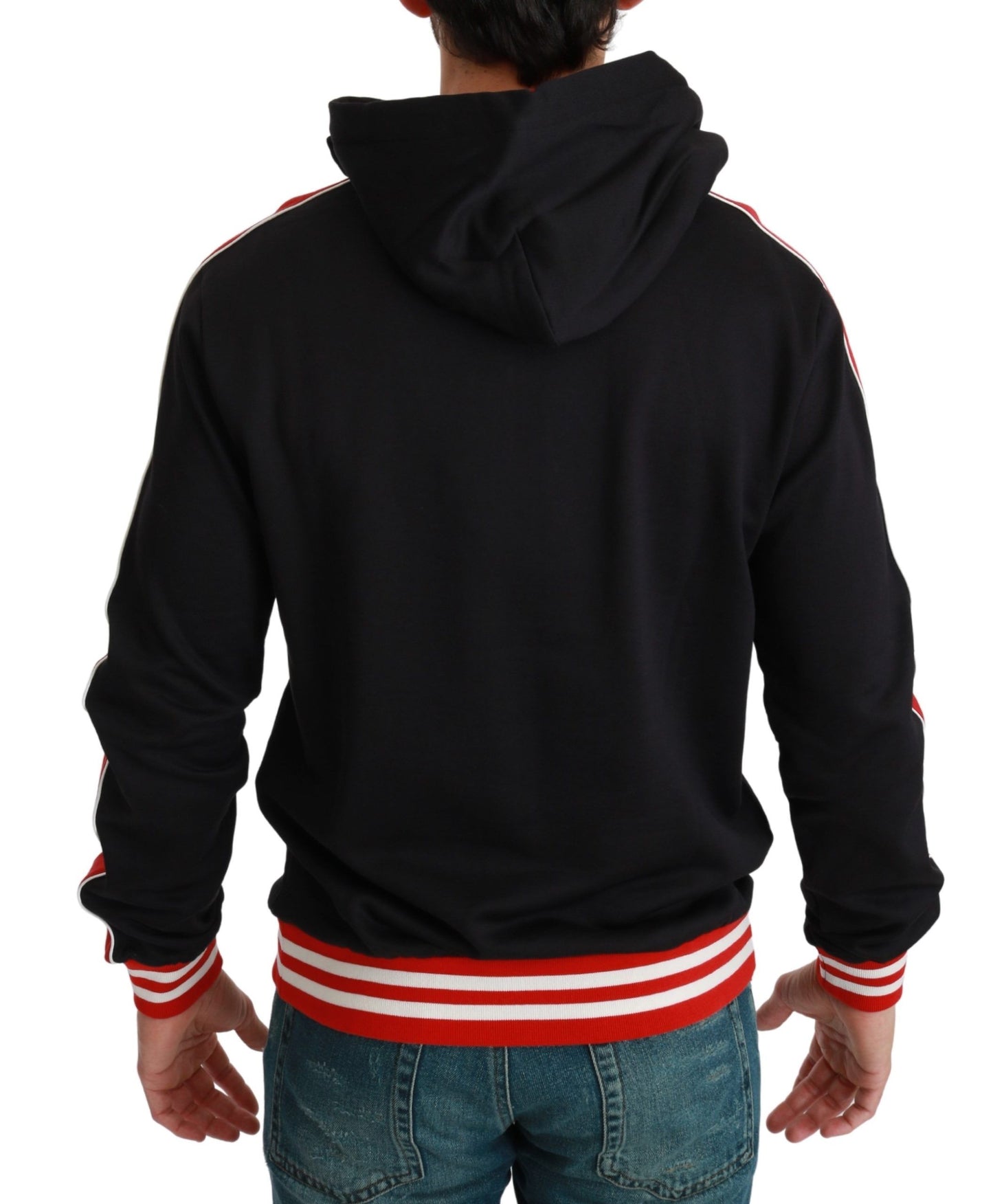- Elegant Black Hooded Sweater with Multicolor Motif