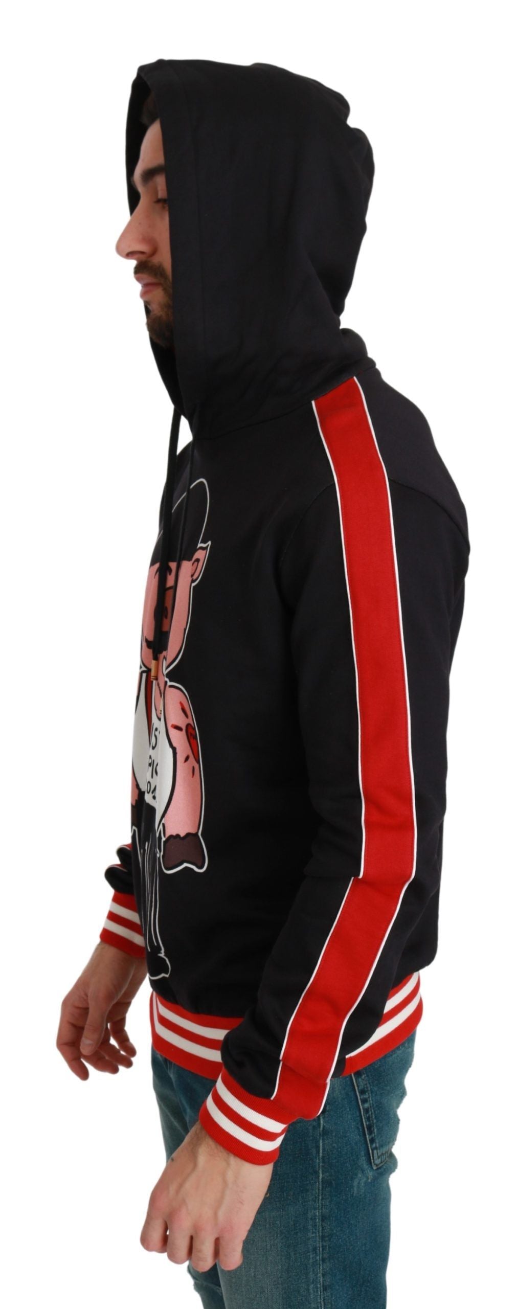 - Elegant Black Hooded Sweater with Multicolor Motif