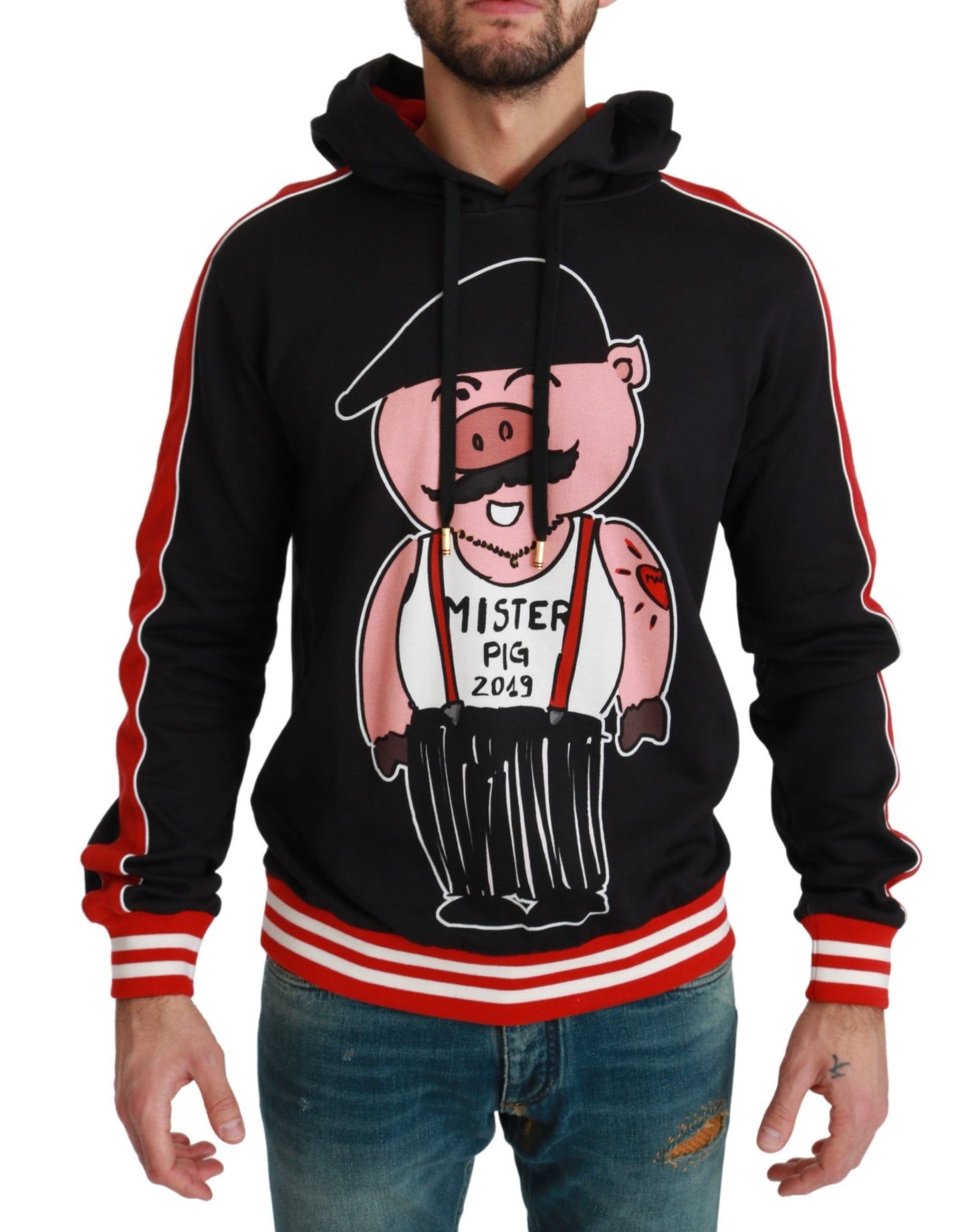 - Elegant Black Hooded Sweater with Multicolor Motif