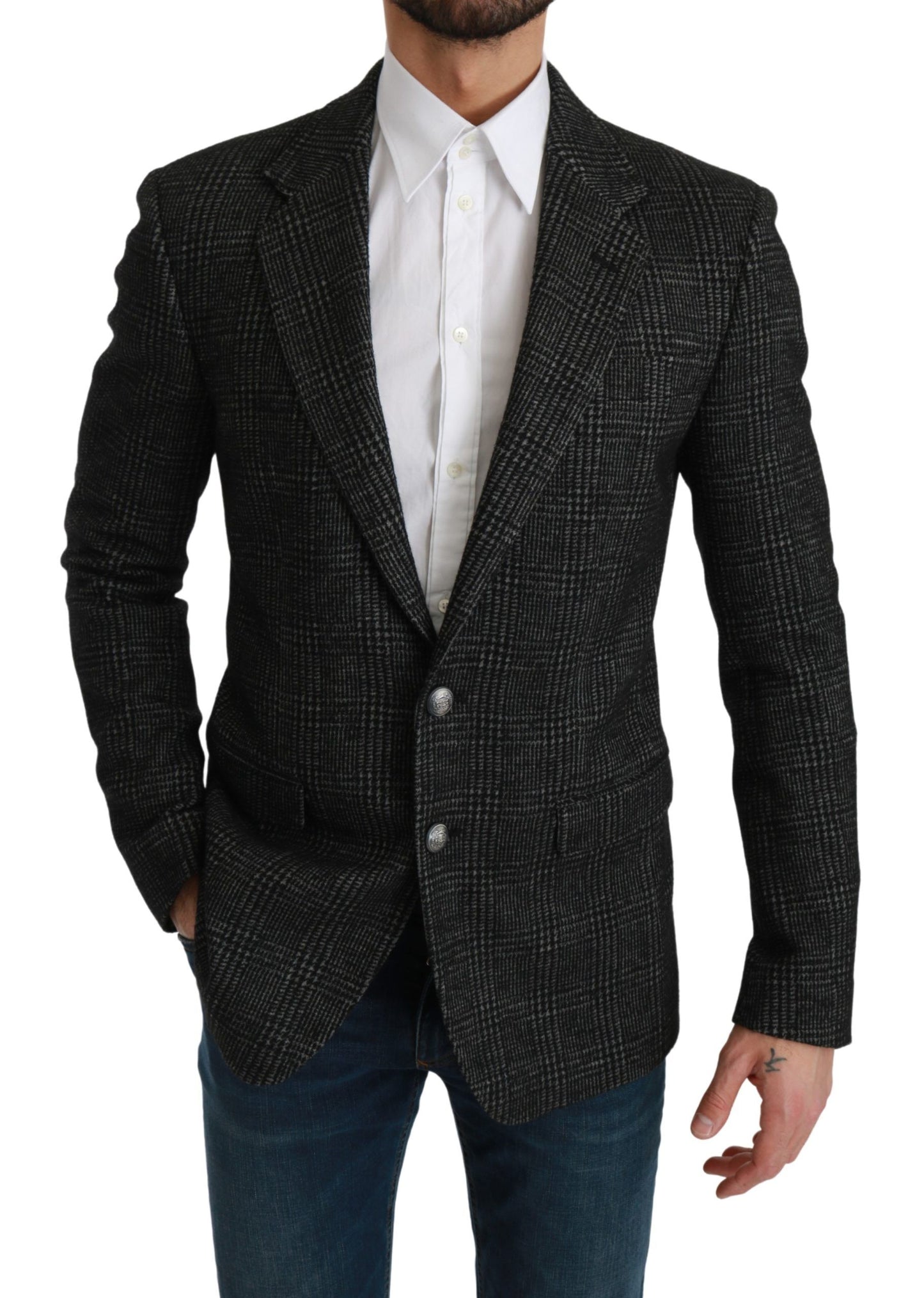 - Elegant Gray Plaid Slim Fit Blazer