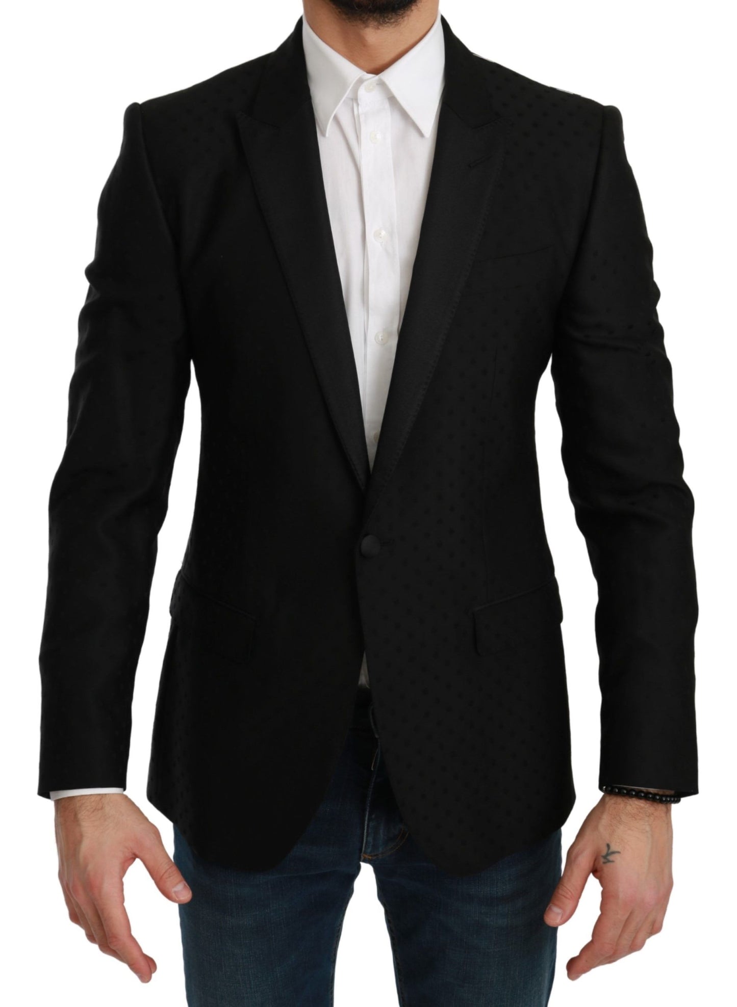 - Elegant Black Polka Dotted Wool Blend Blazer