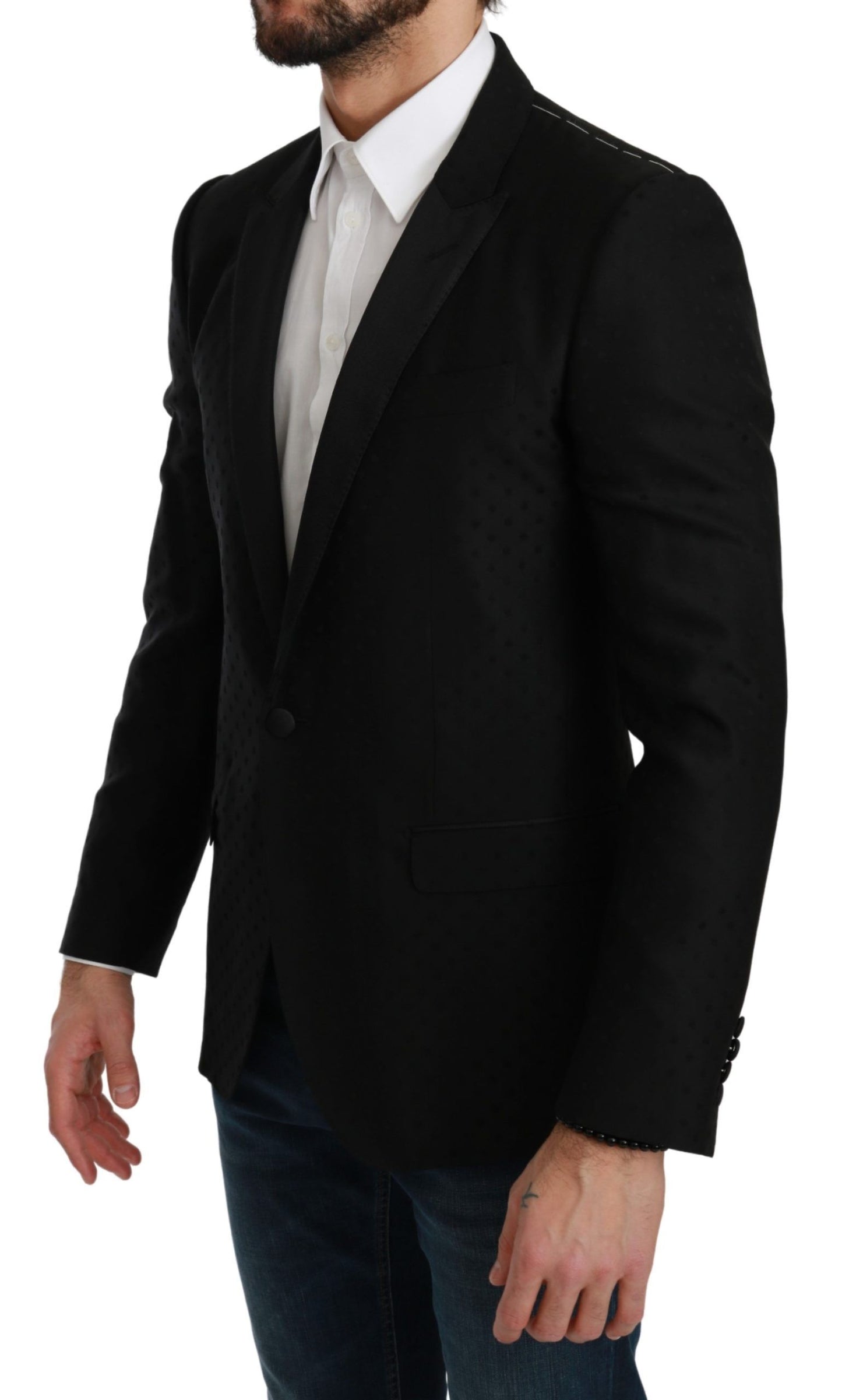 - Elegant Black Polka Dotted Wool Blend Blazer