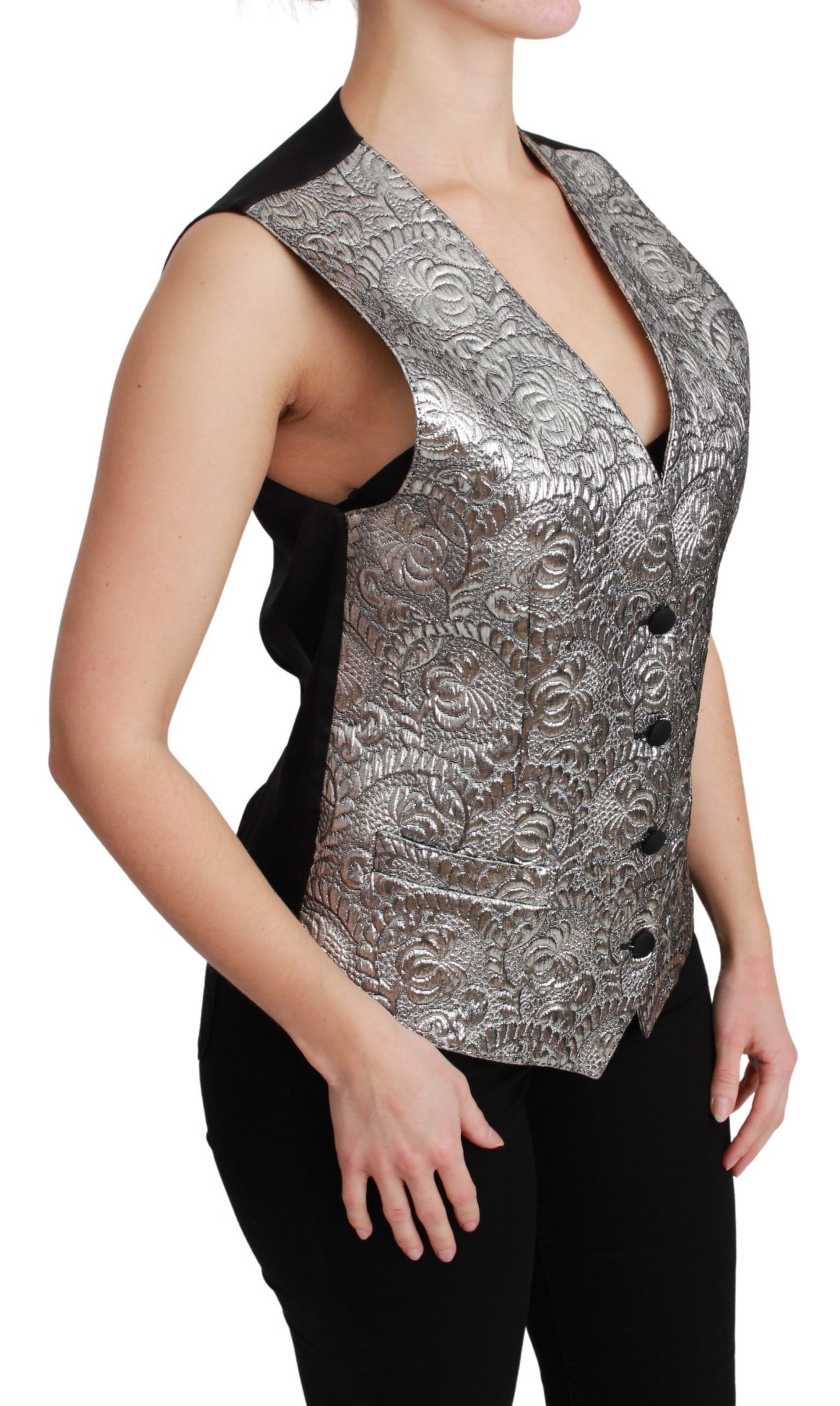 - Elegant Silver Sleeveless Brocade Vest