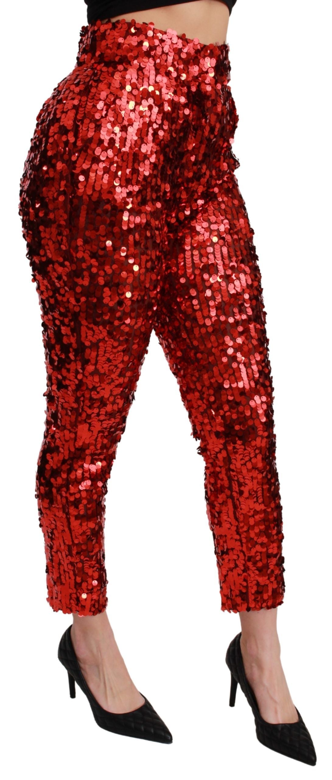 Red High-Waist Sequin Cropped Trousers – Bold Italian Luxury