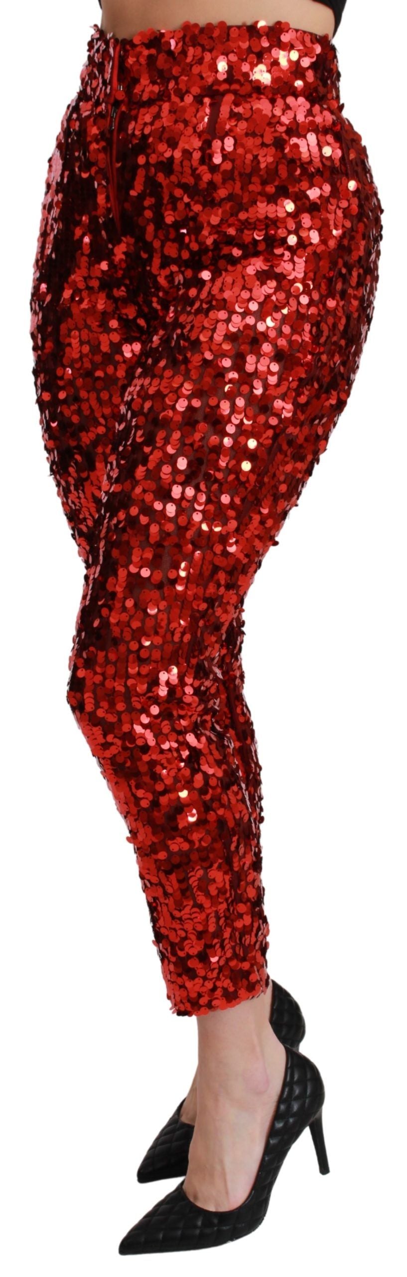 Red High-Waist Sequin Cropped Trousers – Bold Italian Luxury