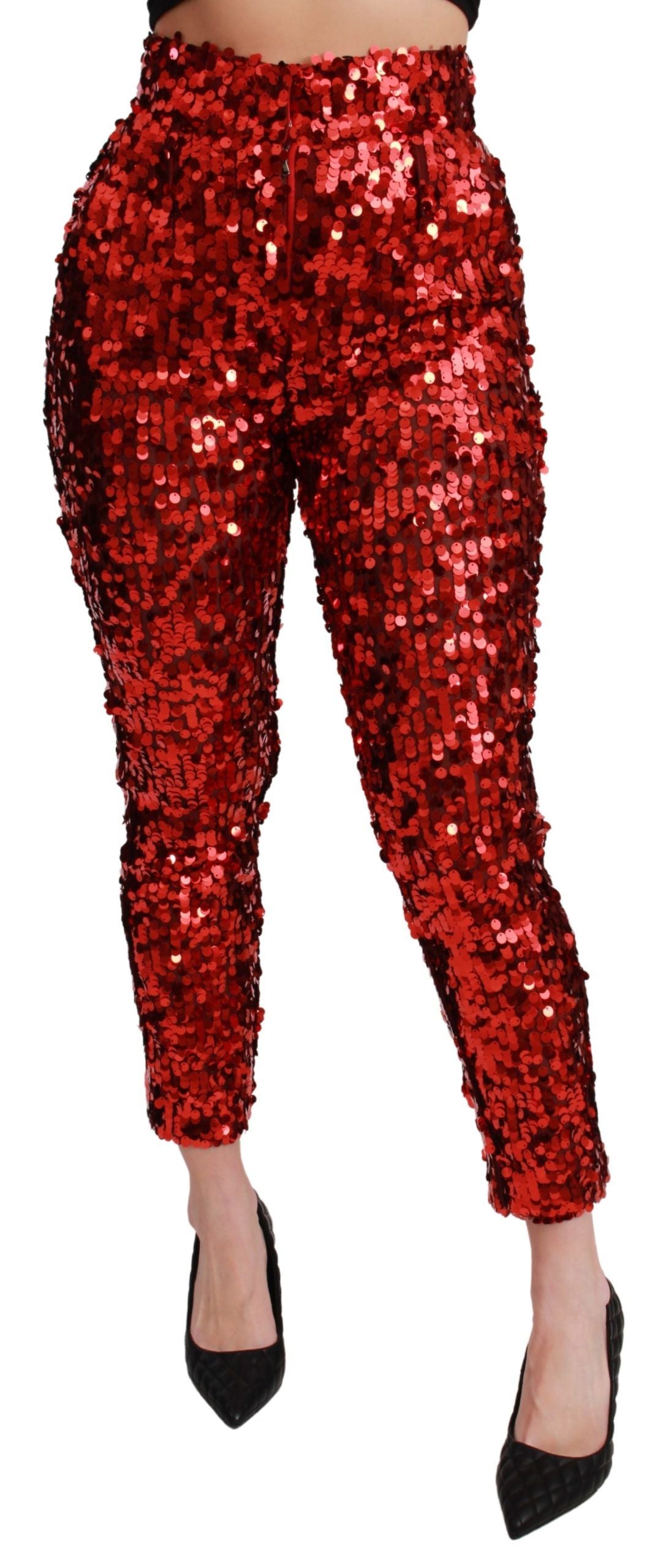 Red High-Waist Sequin Cropped Trousers – Bold Italian Luxury