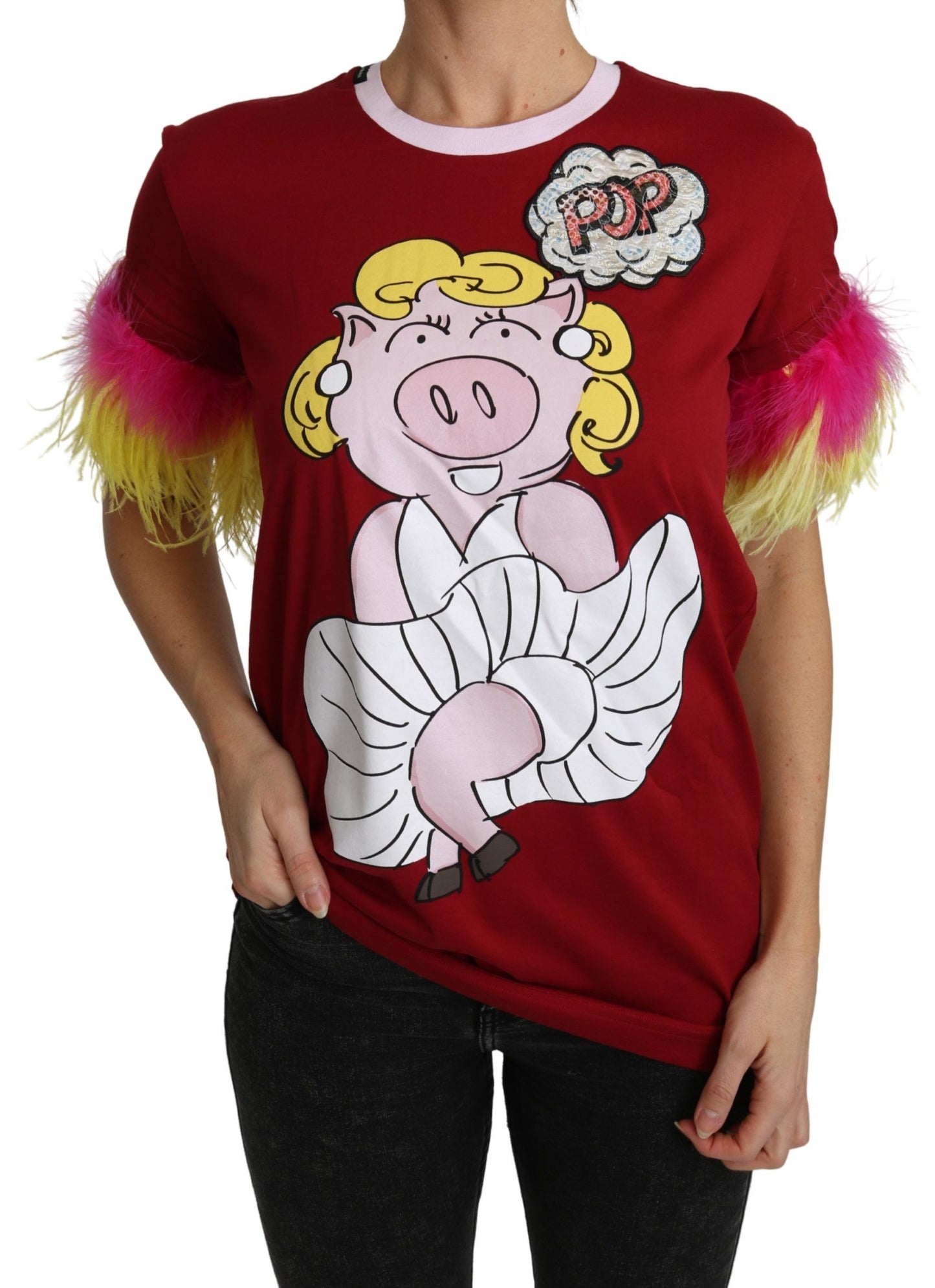 - Chic Red Pig Print Crew Neck T-Shirt
