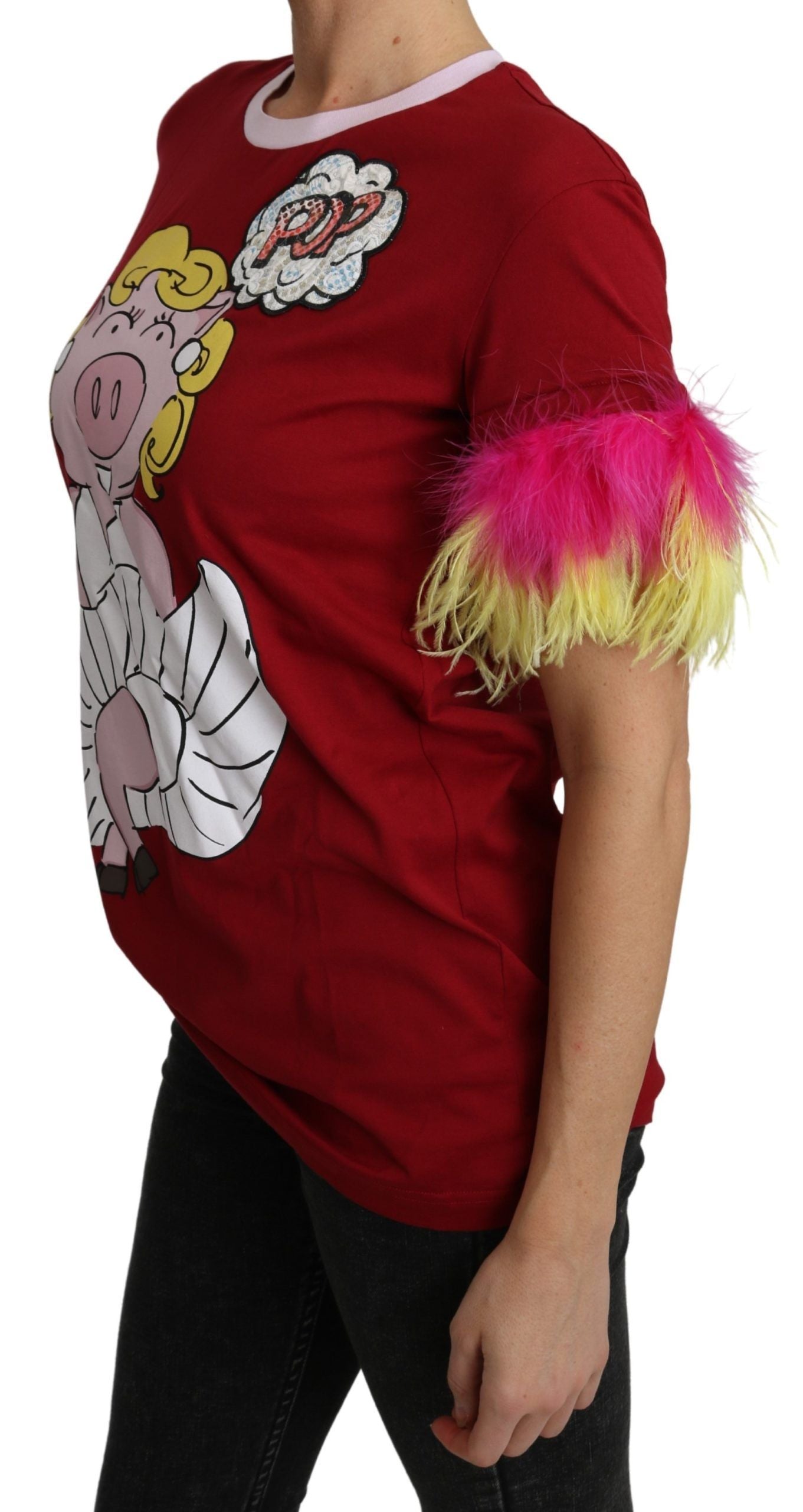 - Chic Red Pig Print Crew Neck T-Shirt