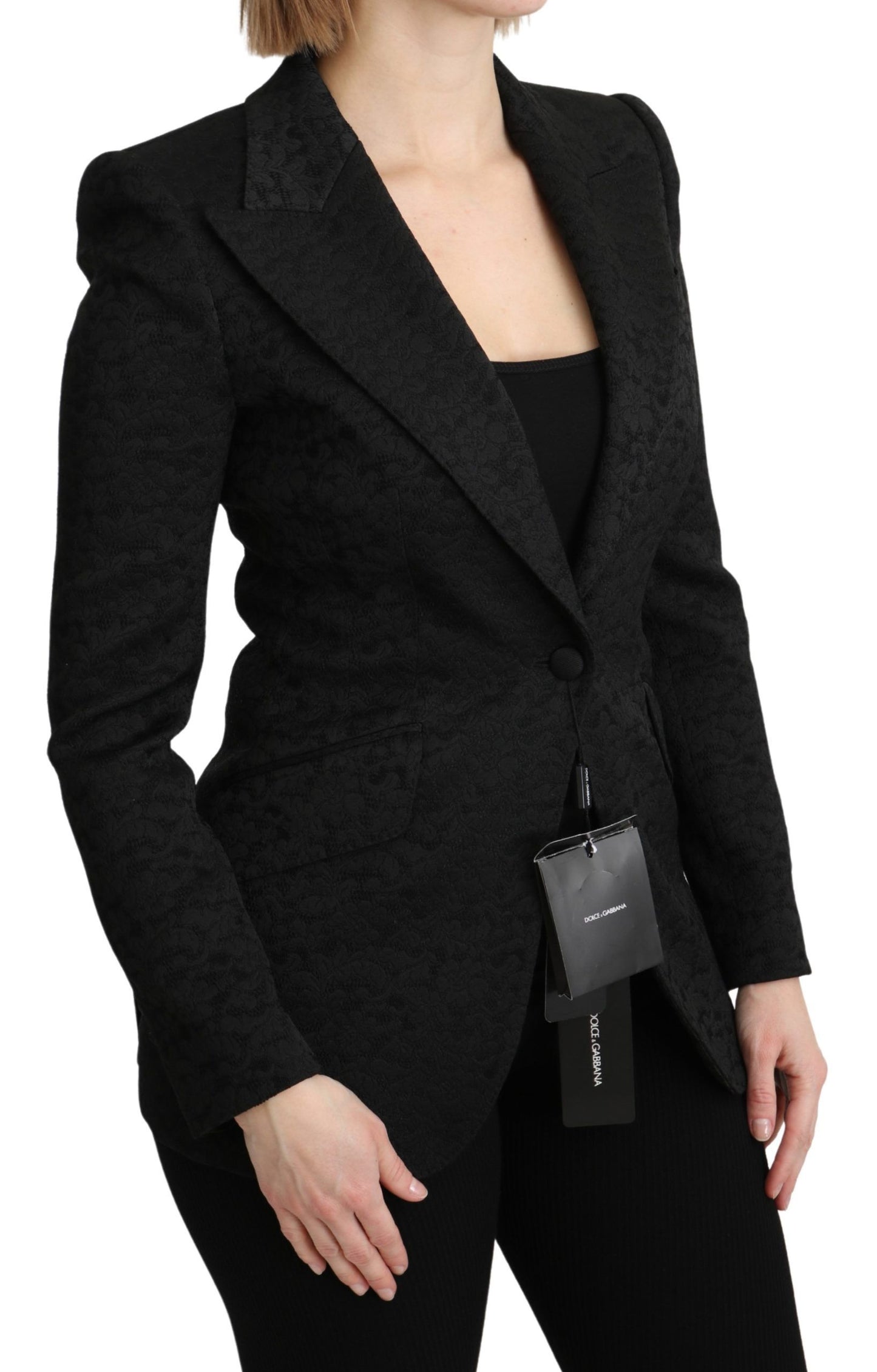 - Elegant Black Brocade Single Breasted Blazer