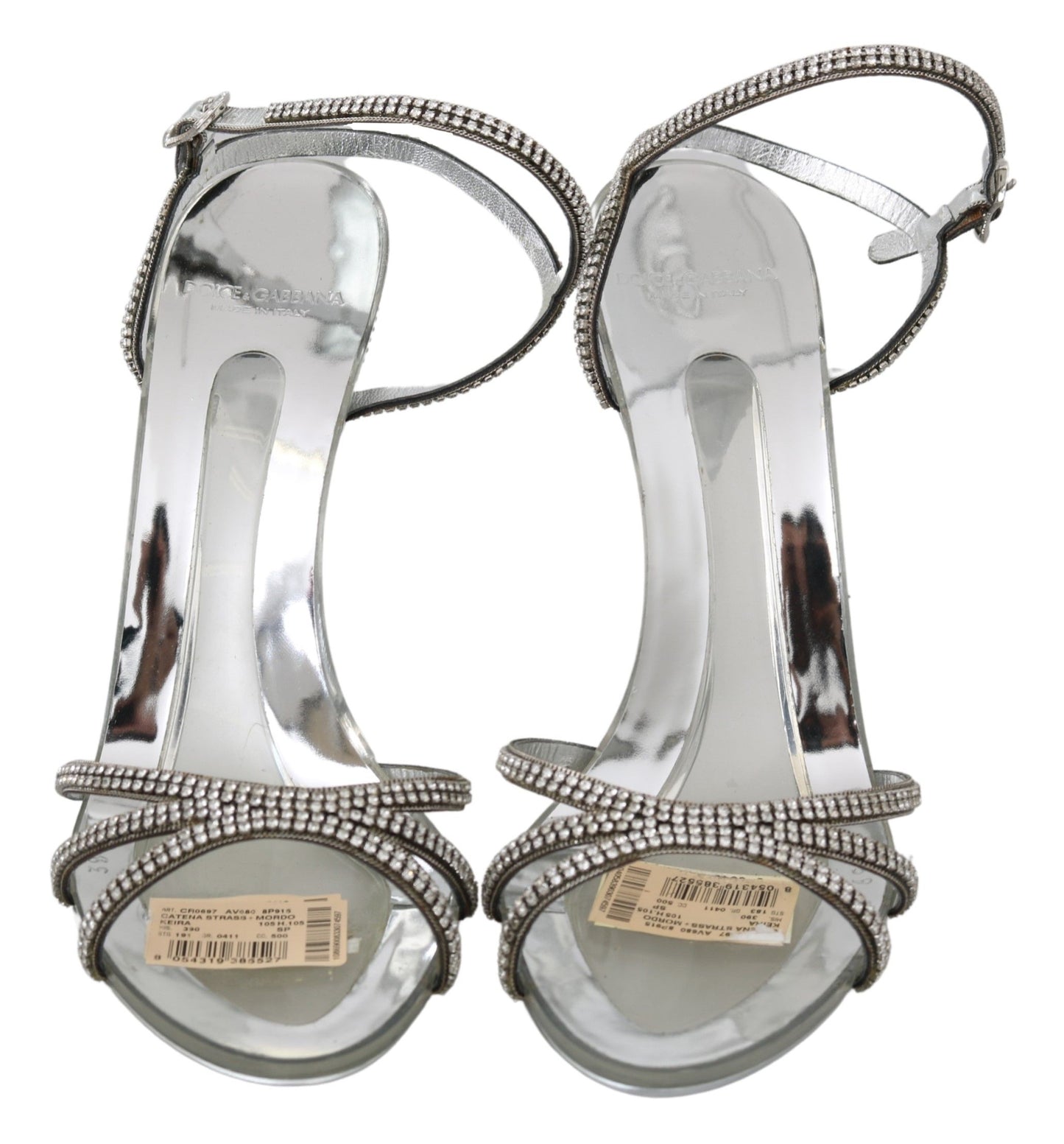 - Silver Leather Ankle Strap Sandals with Crystals