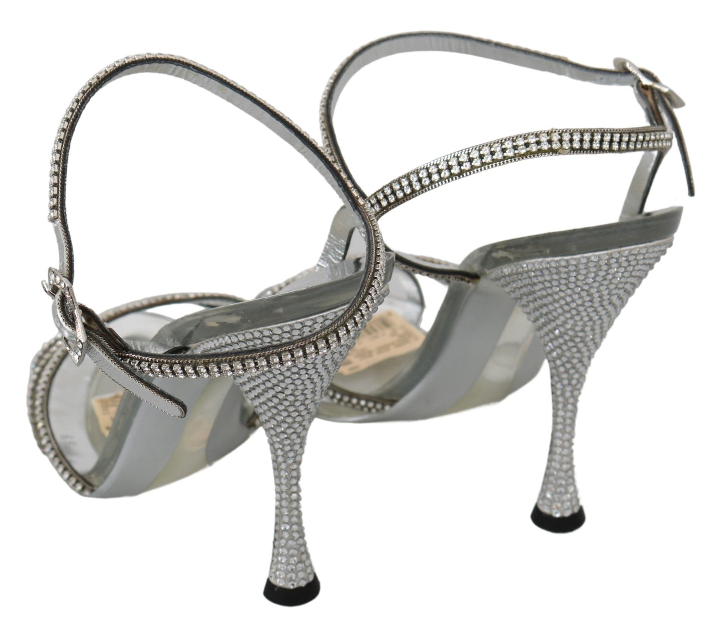 - Silver Leather Ankle Strap Sandals with Crystals