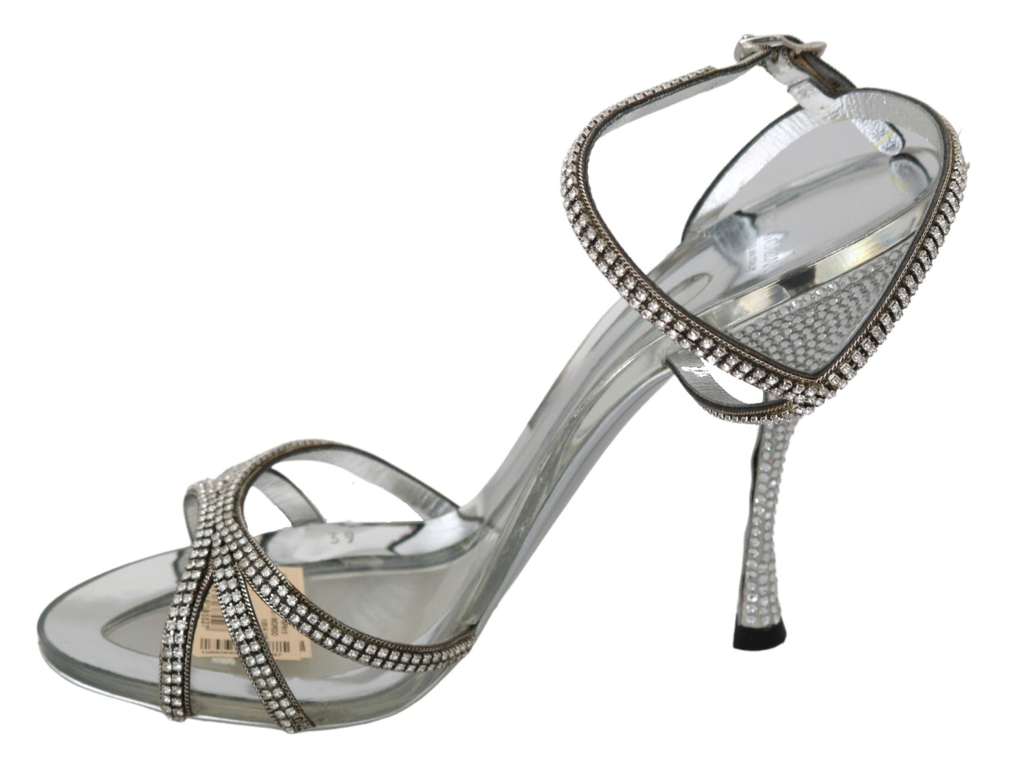- Silver Leather Ankle Strap Sandals with Crystals