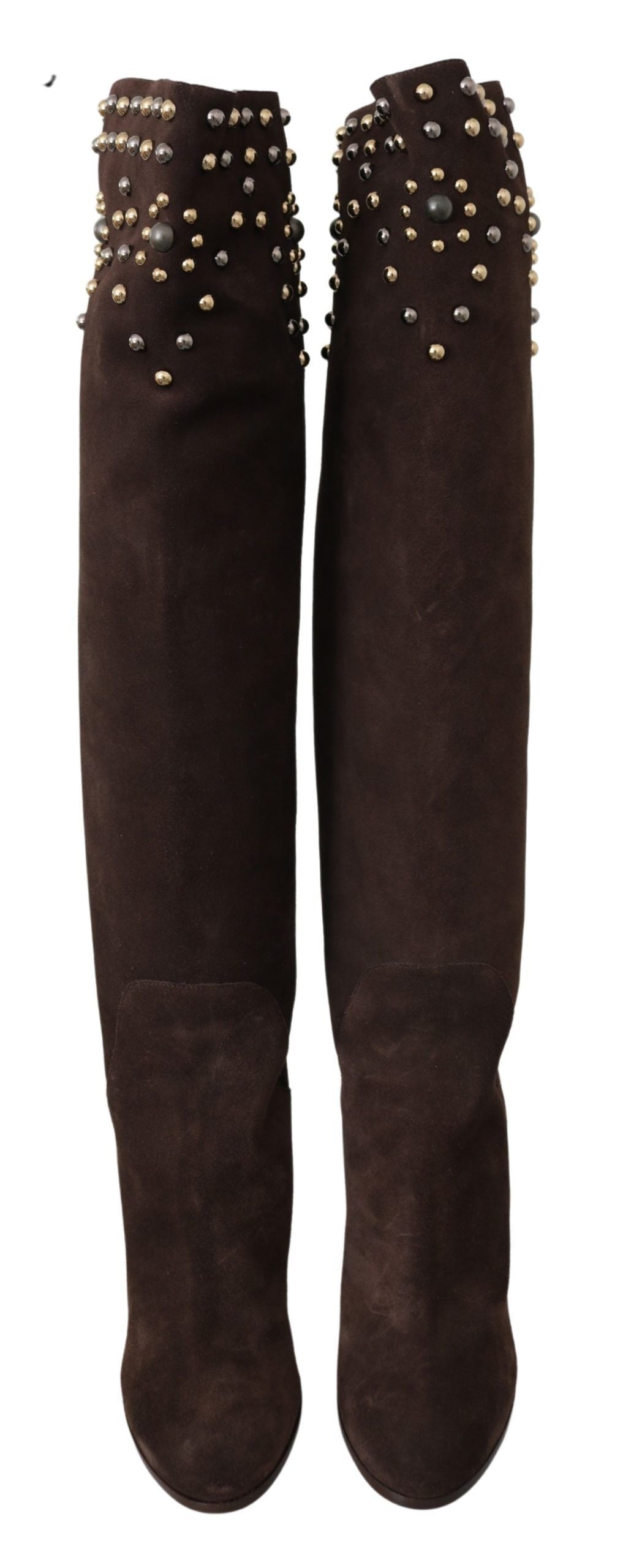 - Studded Suede Knee High Boots in Brown