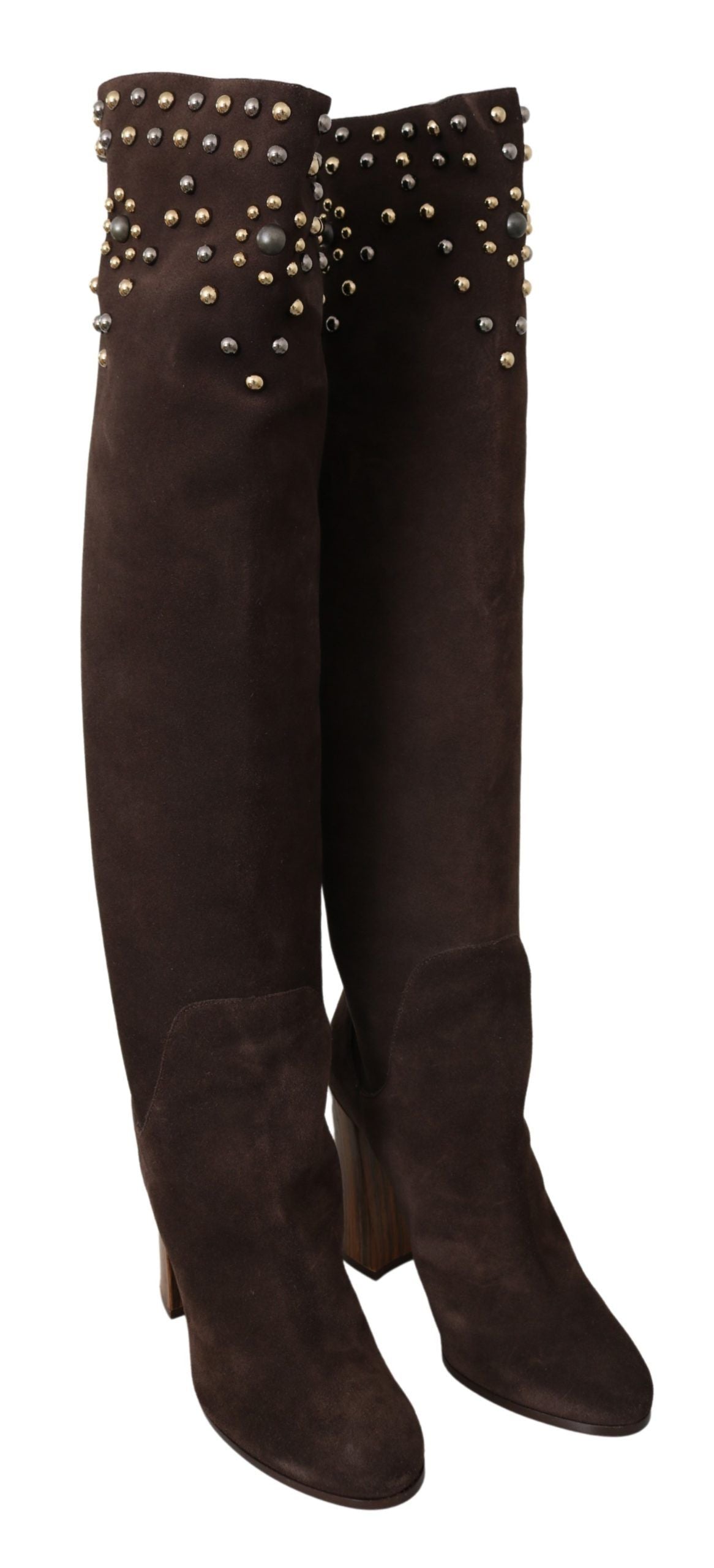 - Studded Suede Knee High Boots in Brown